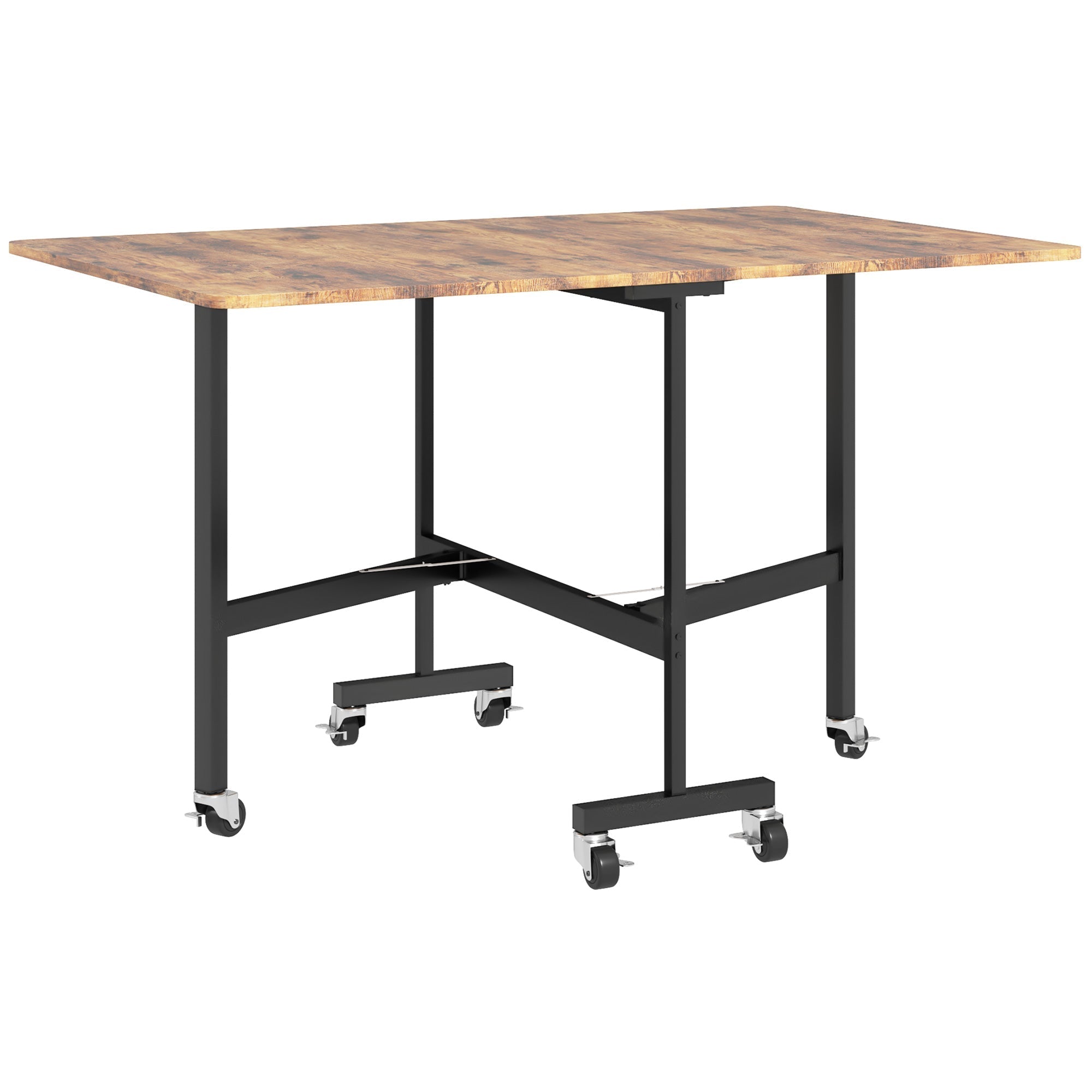 HOMCOM Six-Seater Drop-Leaf Dining Table, with Wheels - Brown Wood-Effect