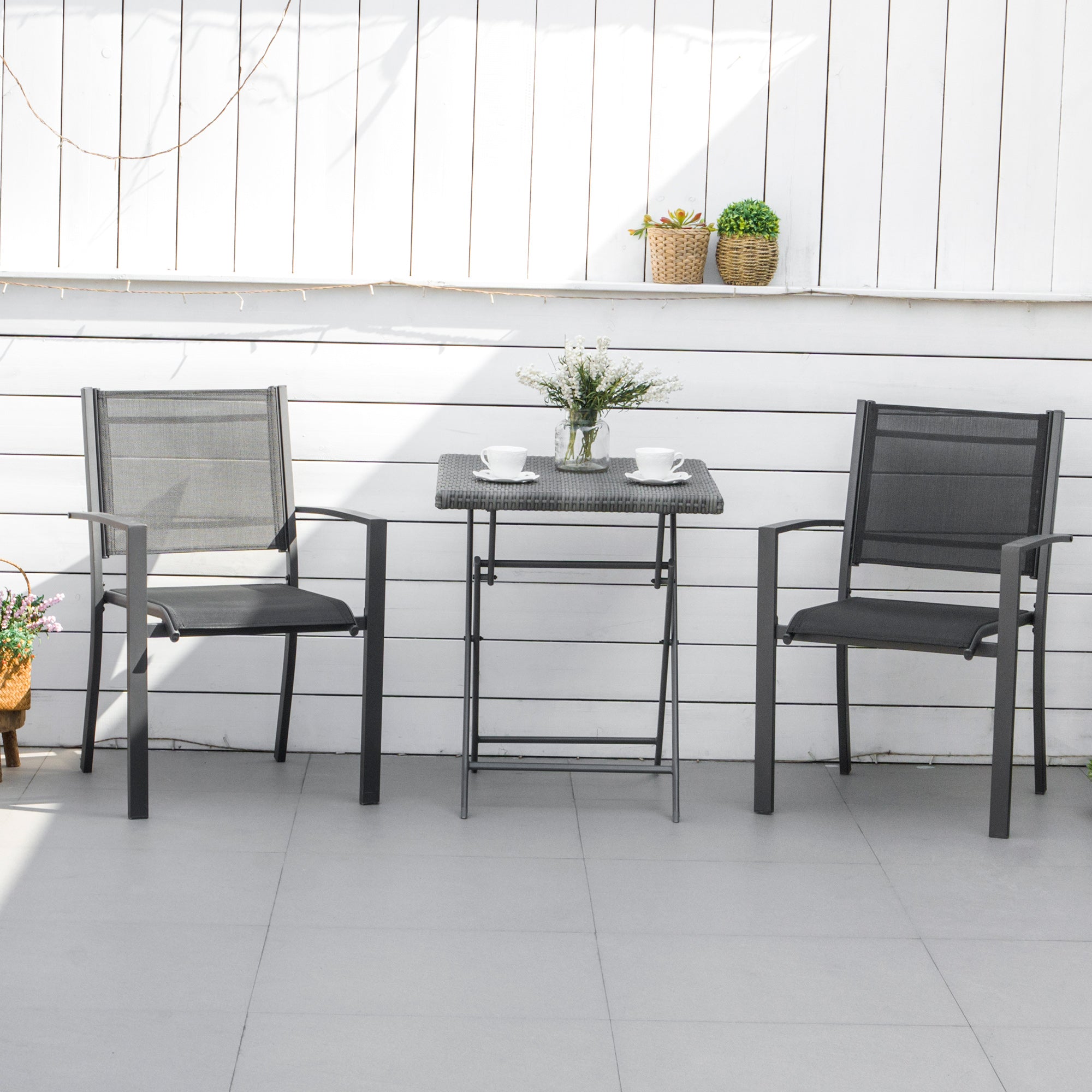 Outsunny Garden Chairs Set Of 2 Outdoor Chairs with Steel Frame Texteline Seats for Dining Patio Balcony Dark Grey and Black