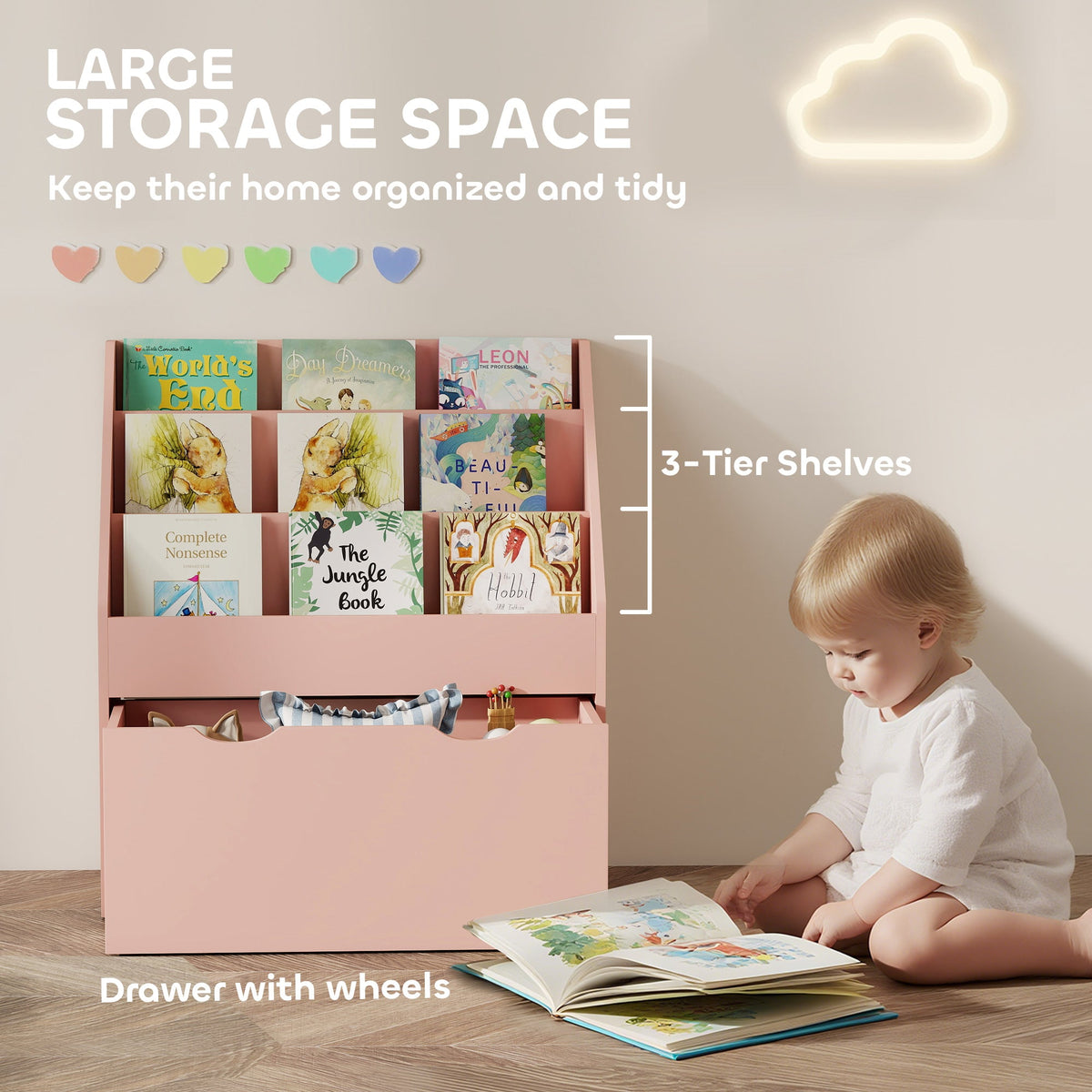 AIYAPLAY Bookcase for Kids with Shelves, Drawer, Bookcase for Bedroom, Playroom, Pink