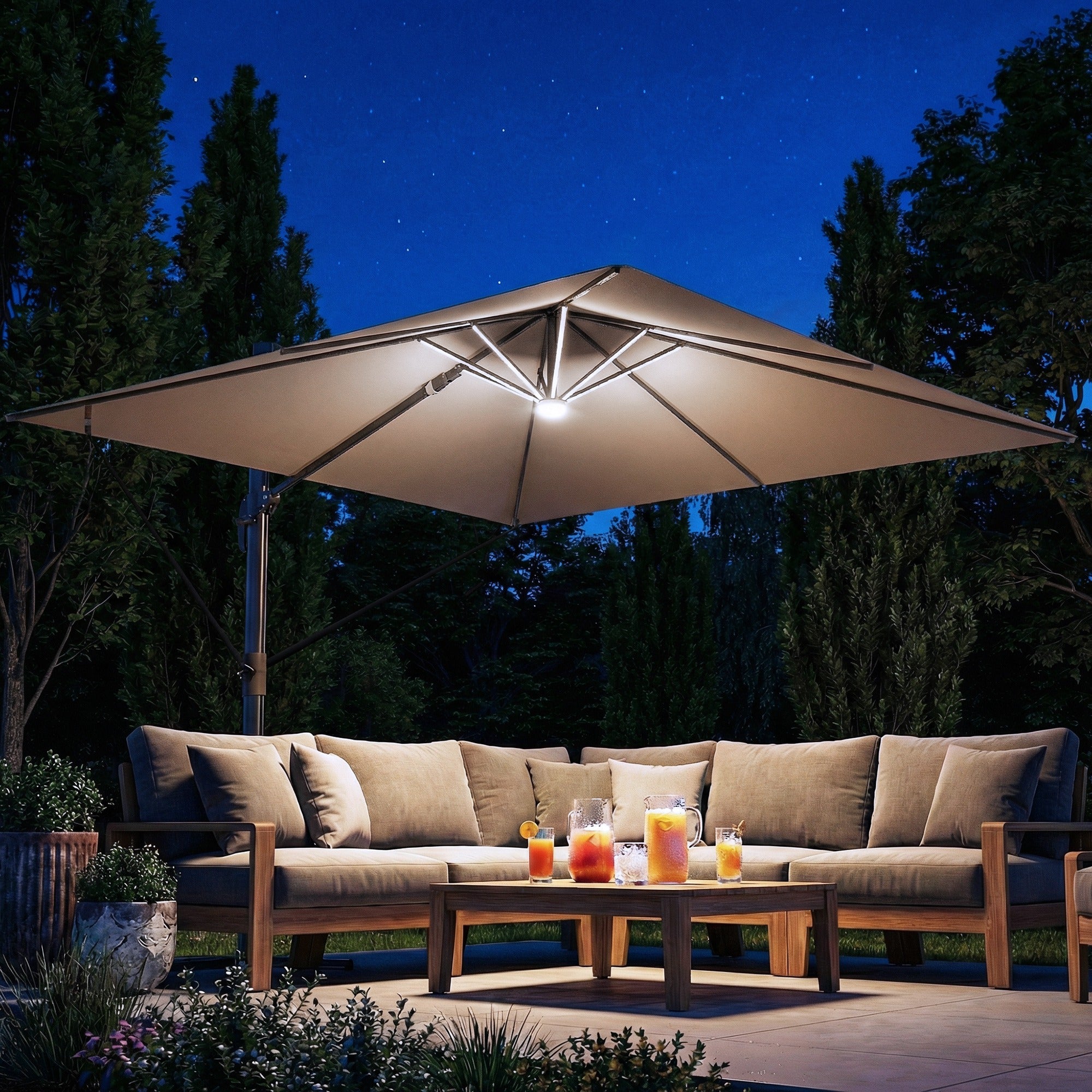 Outsunny 3 x 3 m Garden Cantilever Parasol with Light, Umbrella with Wind Protection, 360 degrees Rotation, Khaki