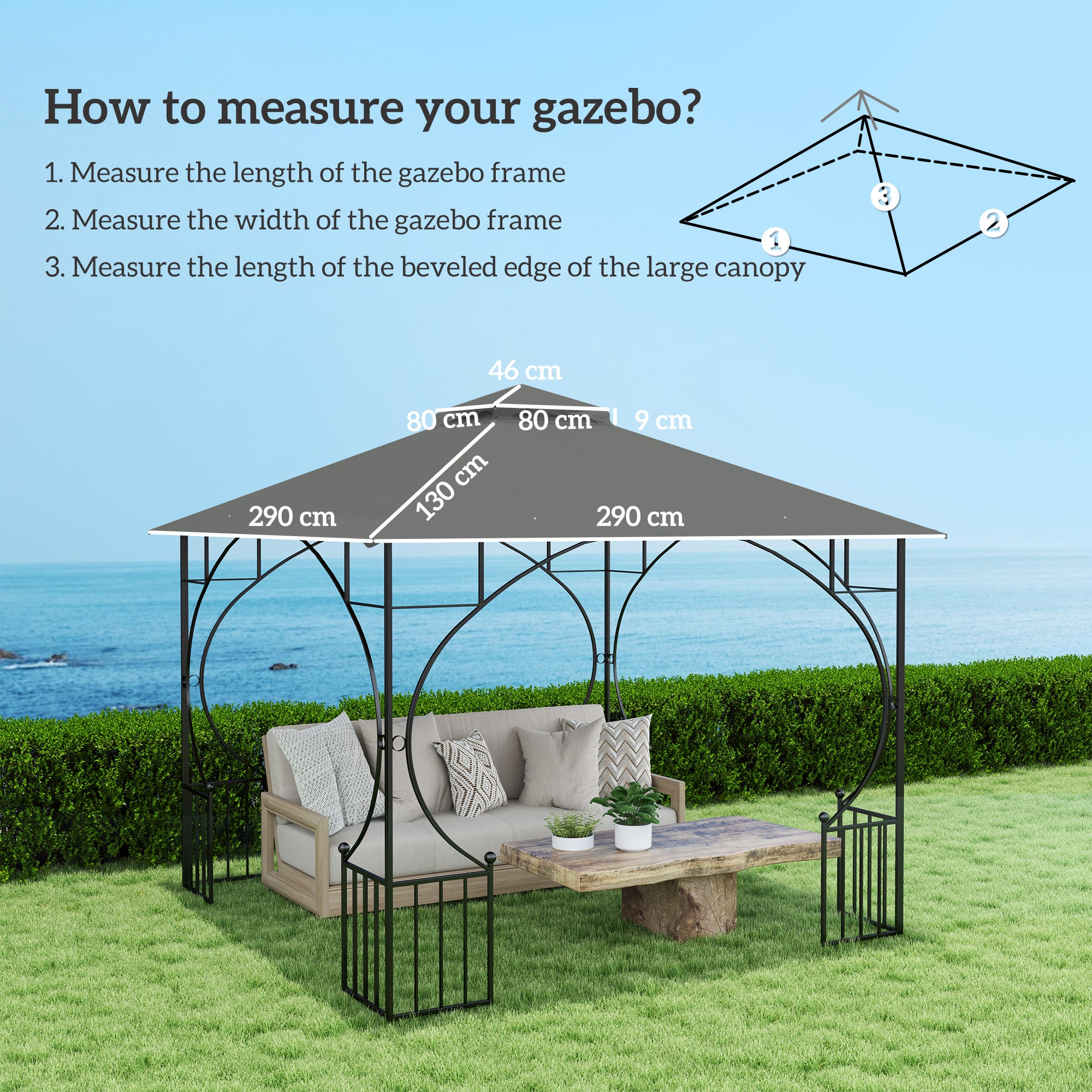 Outsunny 3x3(m) Replacement Gazebo Canopy, Double Tier Roof Top for Garden, Patio, Outdoor, Grey (TOP ONLY)