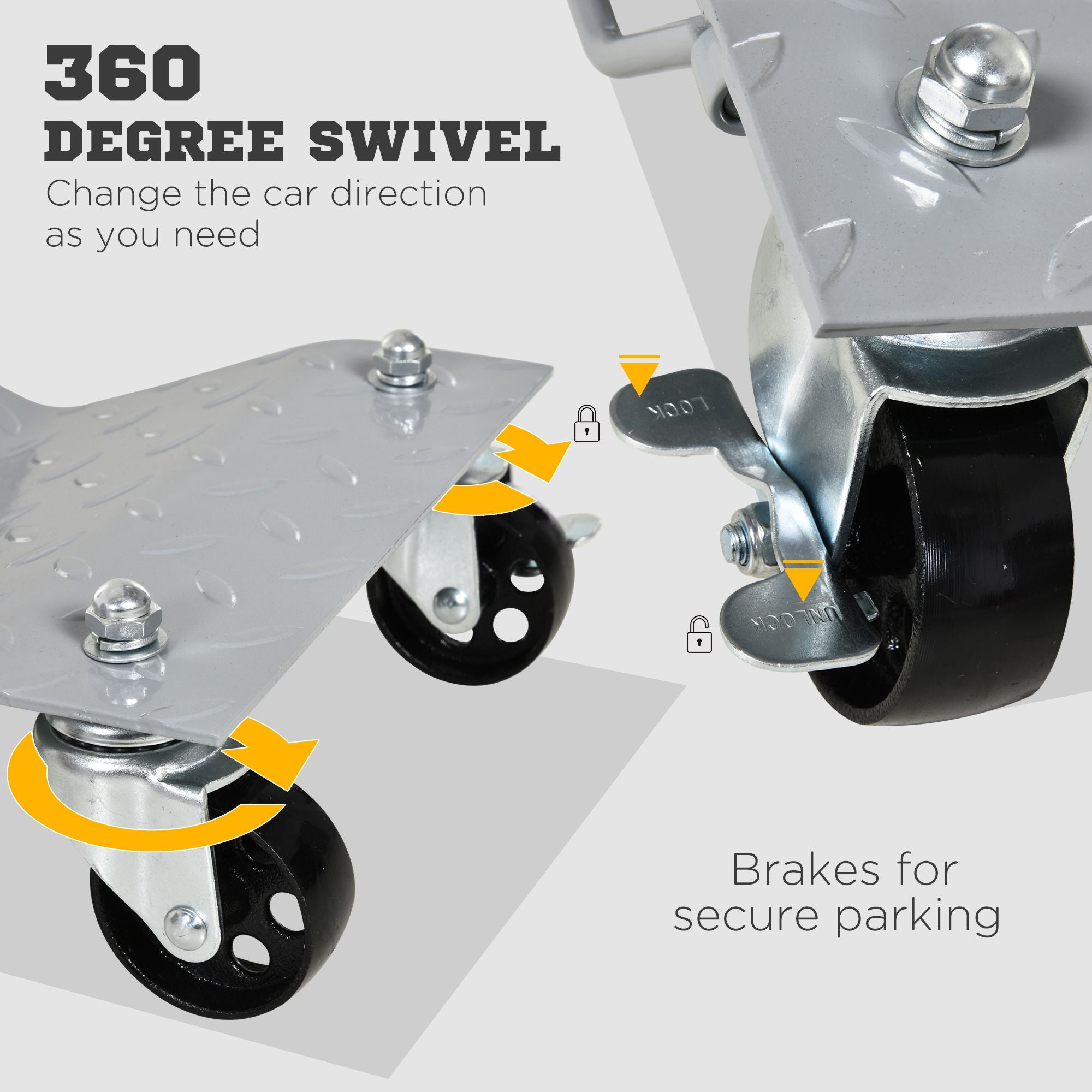 DURHAND Two-Piece Car Wheel Dolly with Swivel Casters, Non-Slip Metal Plates, 680kg Capacity, Grey