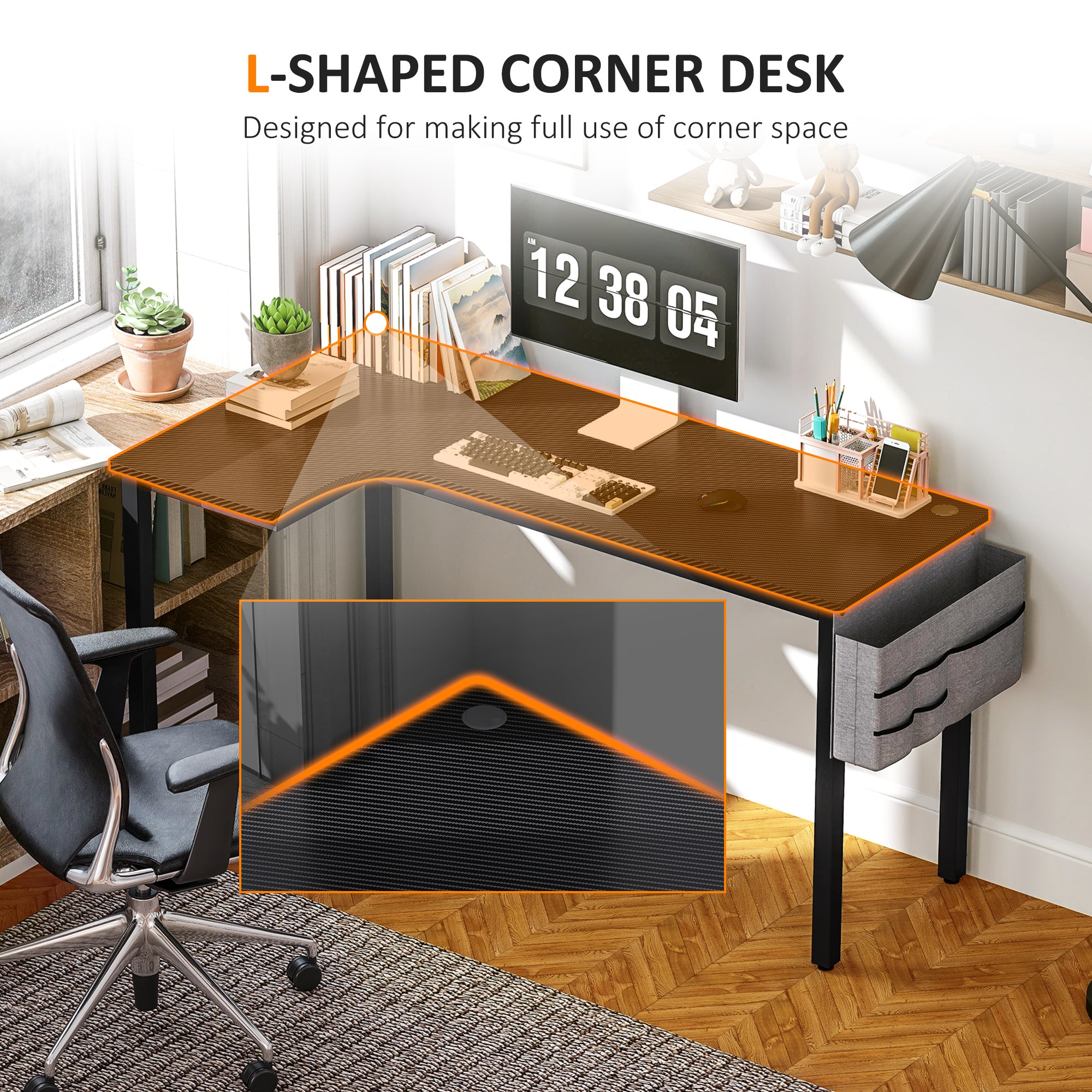 HOMCOM L-Shaped Computer Gaming Desk with Fabric Bag, Hooks and Cable Management, 145 x 81 x 76cm - Black