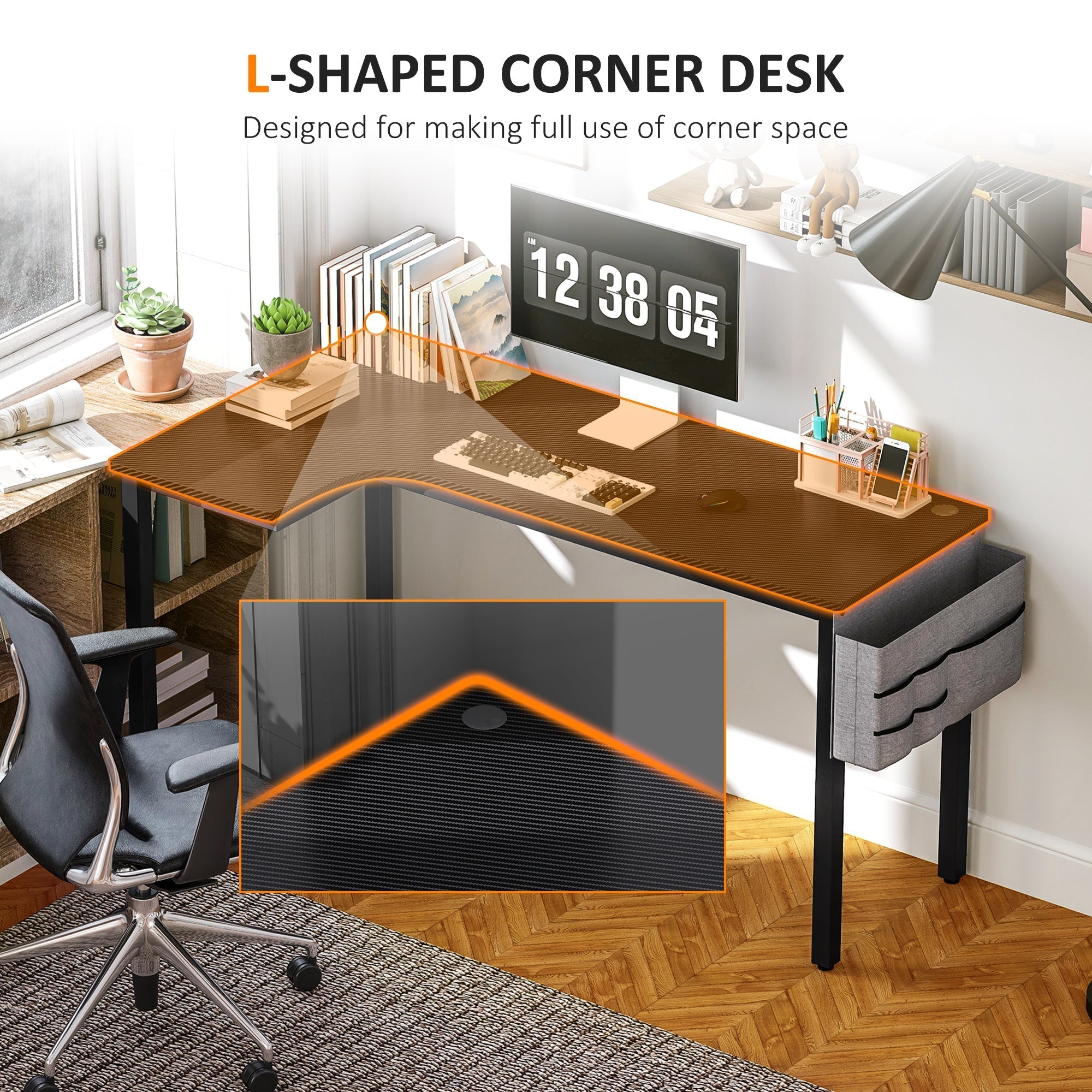 HOMCOM L-Shaped Computer Gaming Desk with Fabric Bag, Hooks and Cable Management, 145 x 81 x 76cm - Black