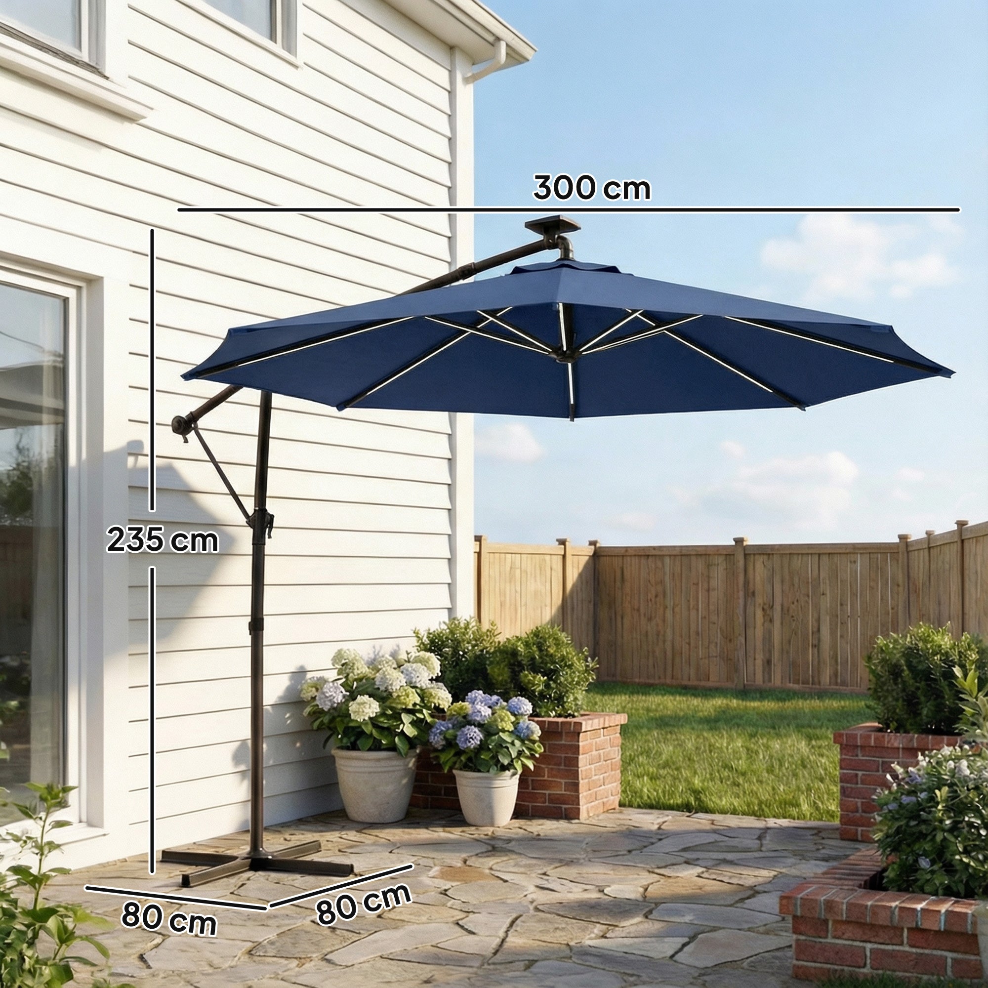 Outsunny 3 m Garden Cantilever Parasol with LED Solar Light, Round Overhanging Umbrella with 360Â° Rotation, Cover, Navy Blue