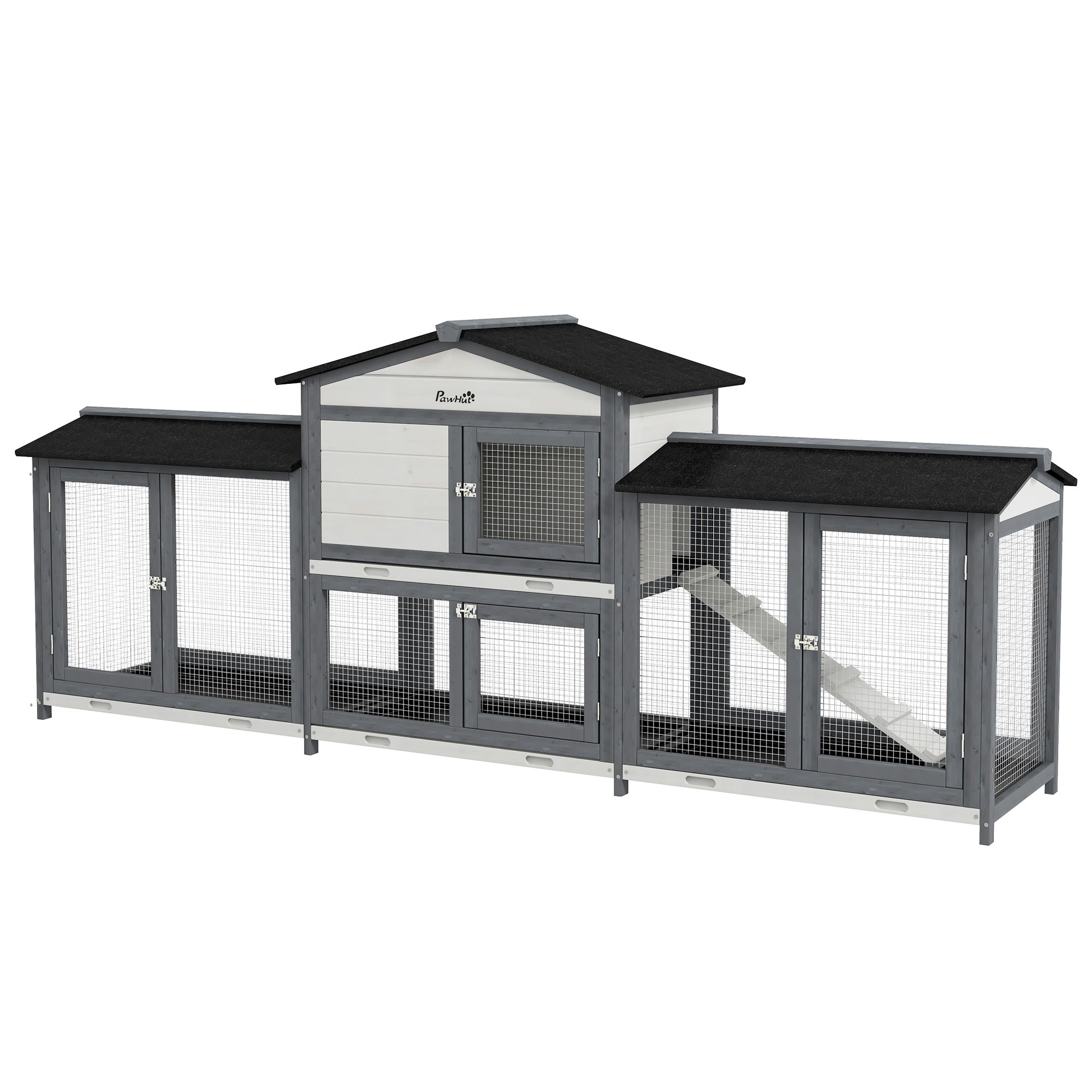 PawHut 2-Tier Large Rabbit Hutch Outdoor with Double Side Run Boxes, No-leak Plastic Tray, Ramp, 230 x 53 x 93.5cm, Light Grey