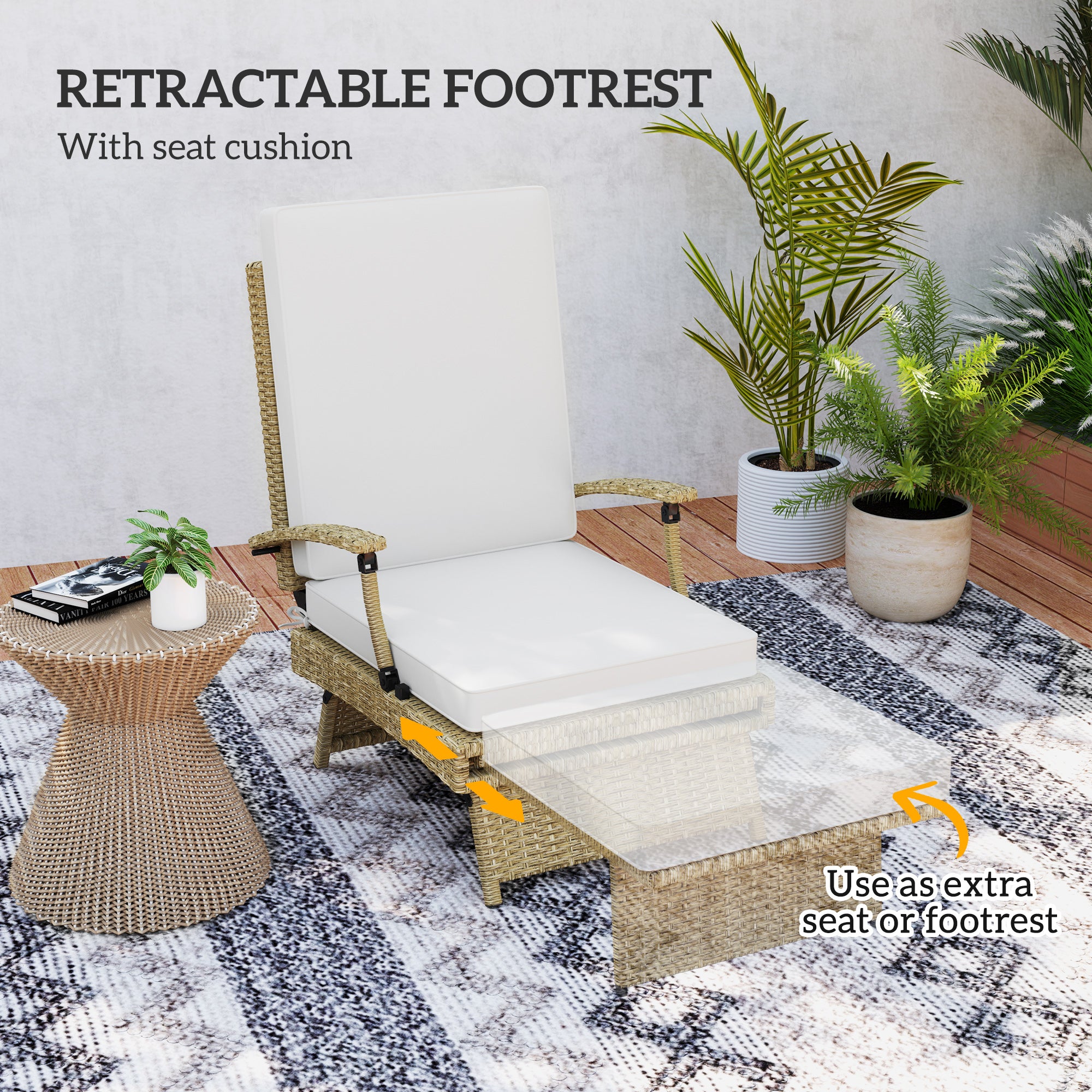 Outsunny 80√Ç¬∞ Reclining Rattan Lounger - White/Beige