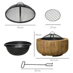 Outsunny Outdoor Fire Pit, 61.5 cm Metal Wood Burning Fireplace with Spark Cover, Poker, Woodgrain Design
