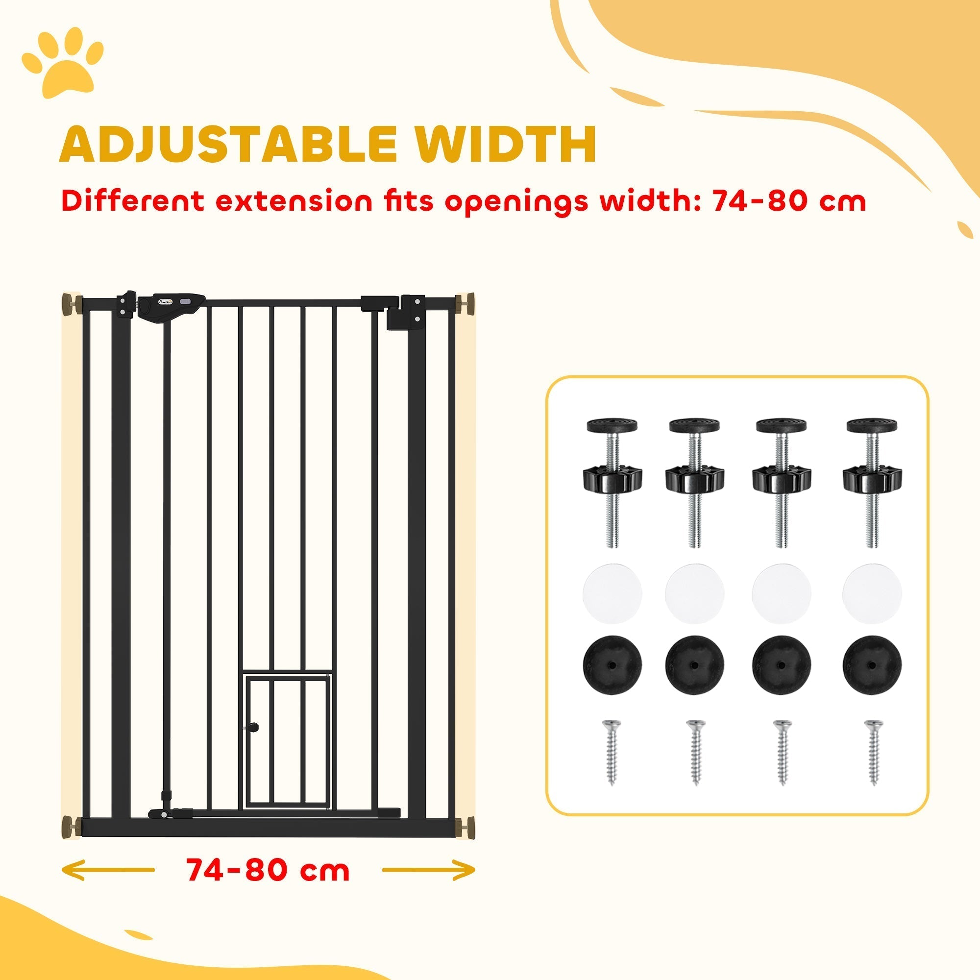 PawHut Extra Tall Pet Gate, Indoor Dog Safety Gate, with Cat Flap, Auto Close, 74-80cm Wide - Black
