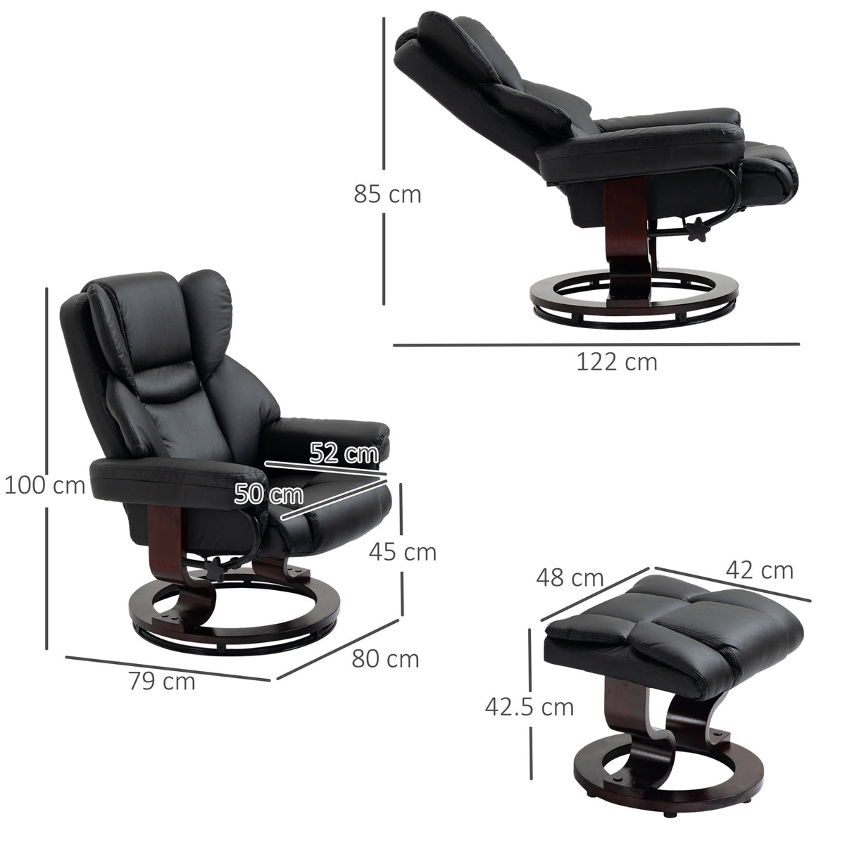 HOMCOM 360 degrees Swivel Recliner Chair with Footstool, PU Leather Manual Recliner Armchair with Footstool, Solid Wood Base, Upholstered Reclining Chair for Living Room, Bedroom, Office, Black