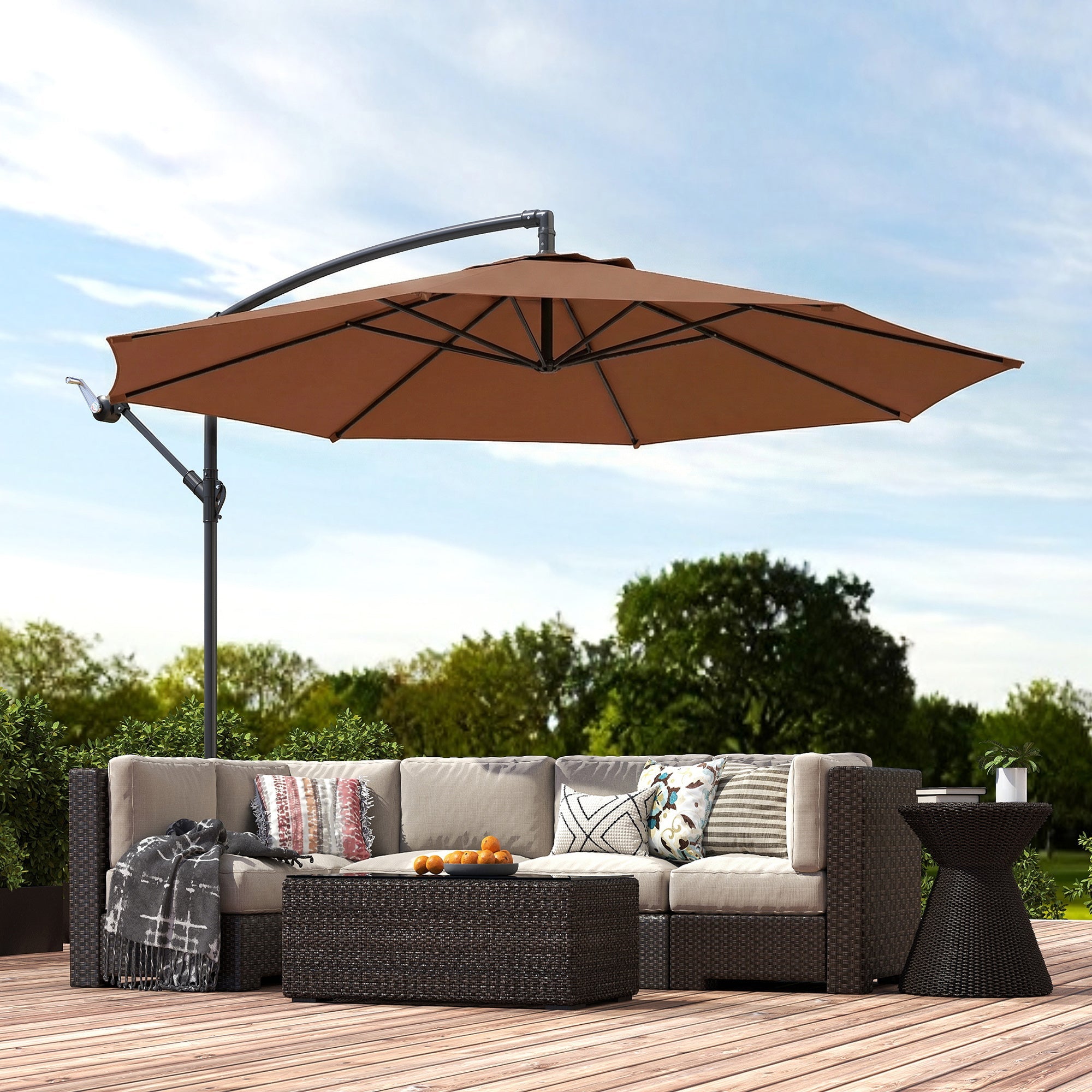 Outsunny 3 m Overhanging Cantilever Parasol, with Cross Base - Coffee