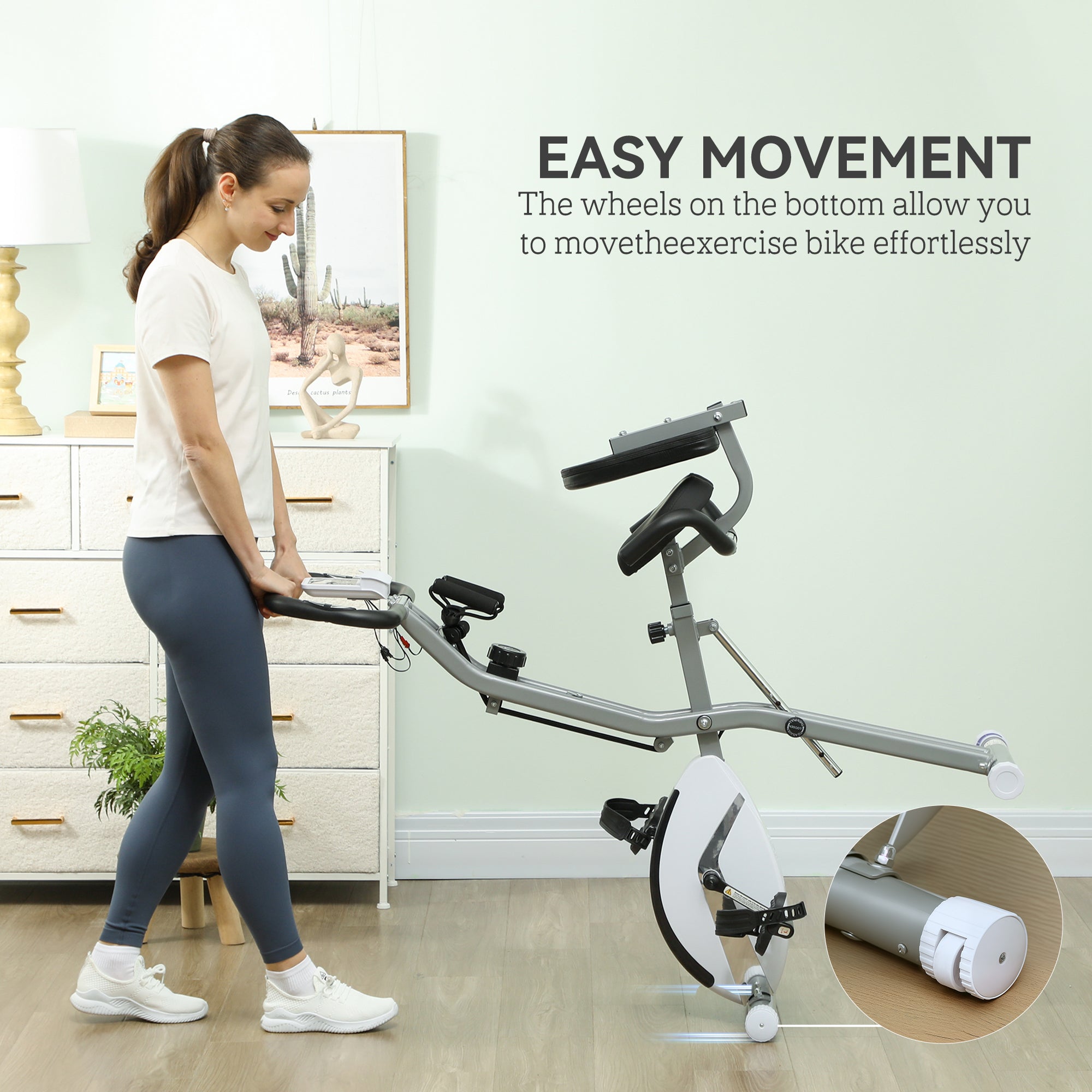 SPORTNOW Five-in-one Foldable Exercise Bike, Stationary Bike with Arm Workout Bands, LDC Monitor, Phone Holder, White