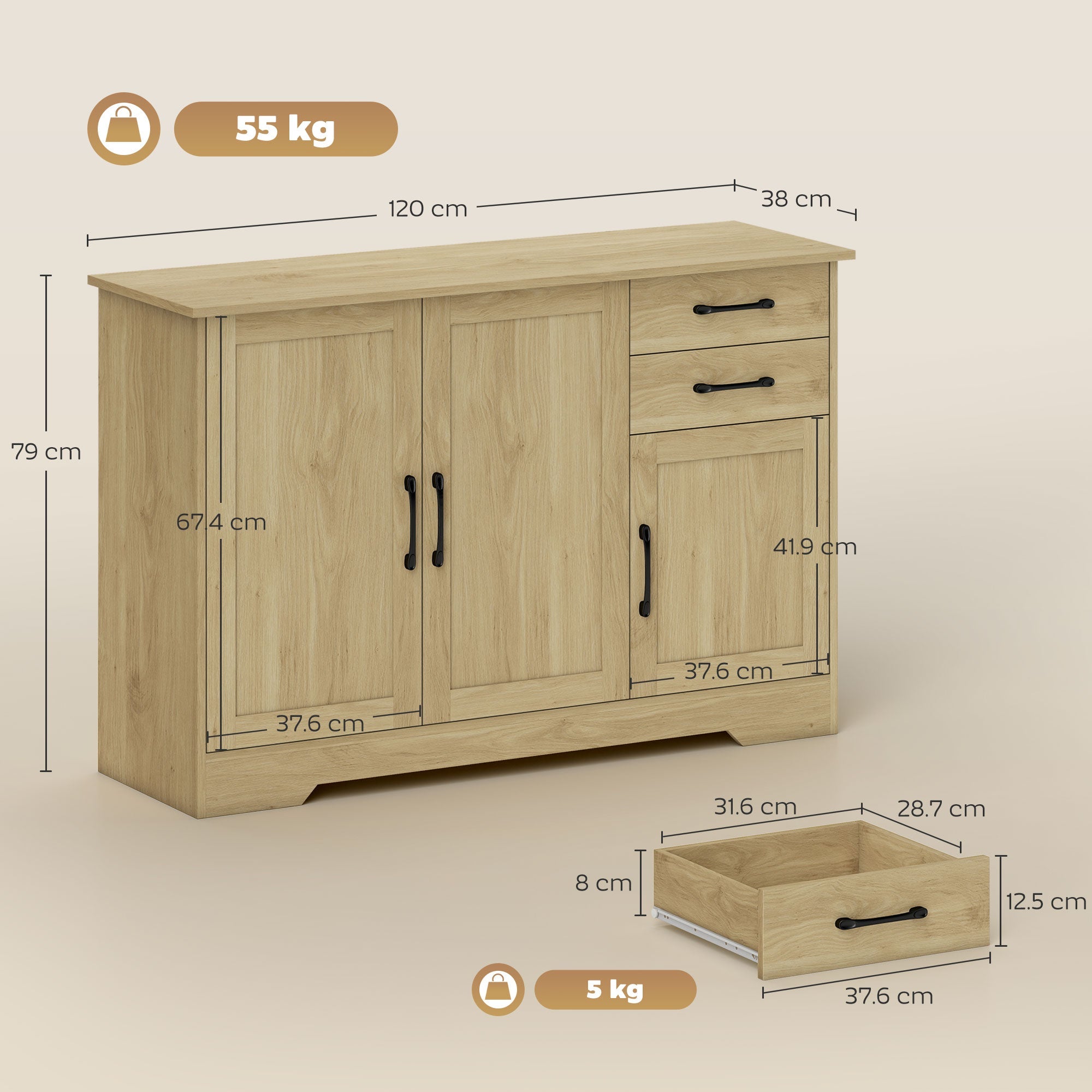 HOMCOM Sideboard with 2 Drawers Modern Storage Cabinet, Kitchen Cupboard with Adjustable Shelf and 3 Doors Natural