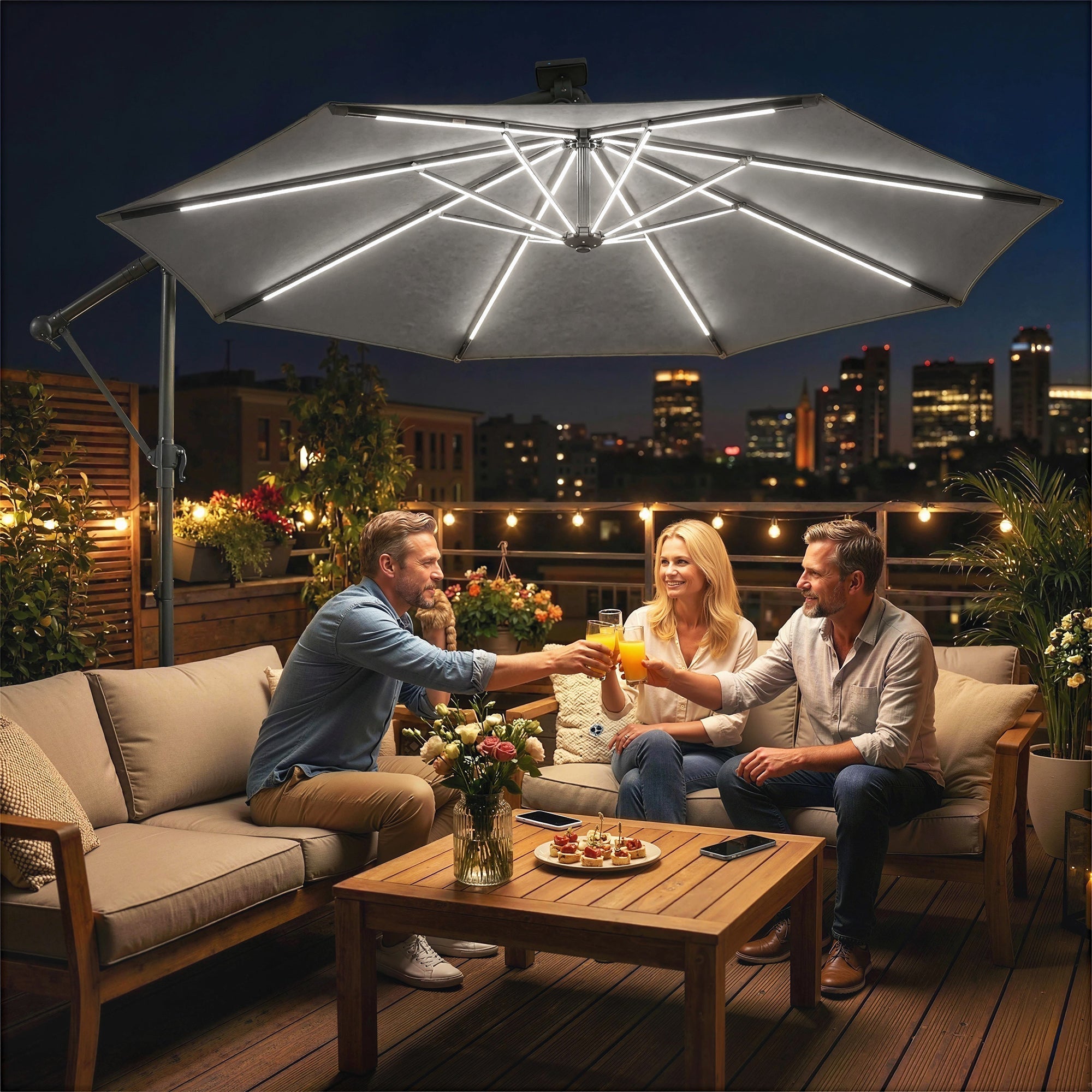 Outsunny 3 m Garden Cantilever Parasol with LED Solar Light, Round Overhanging Umbrella with 360 degrees Rotation, Cover, Grey
