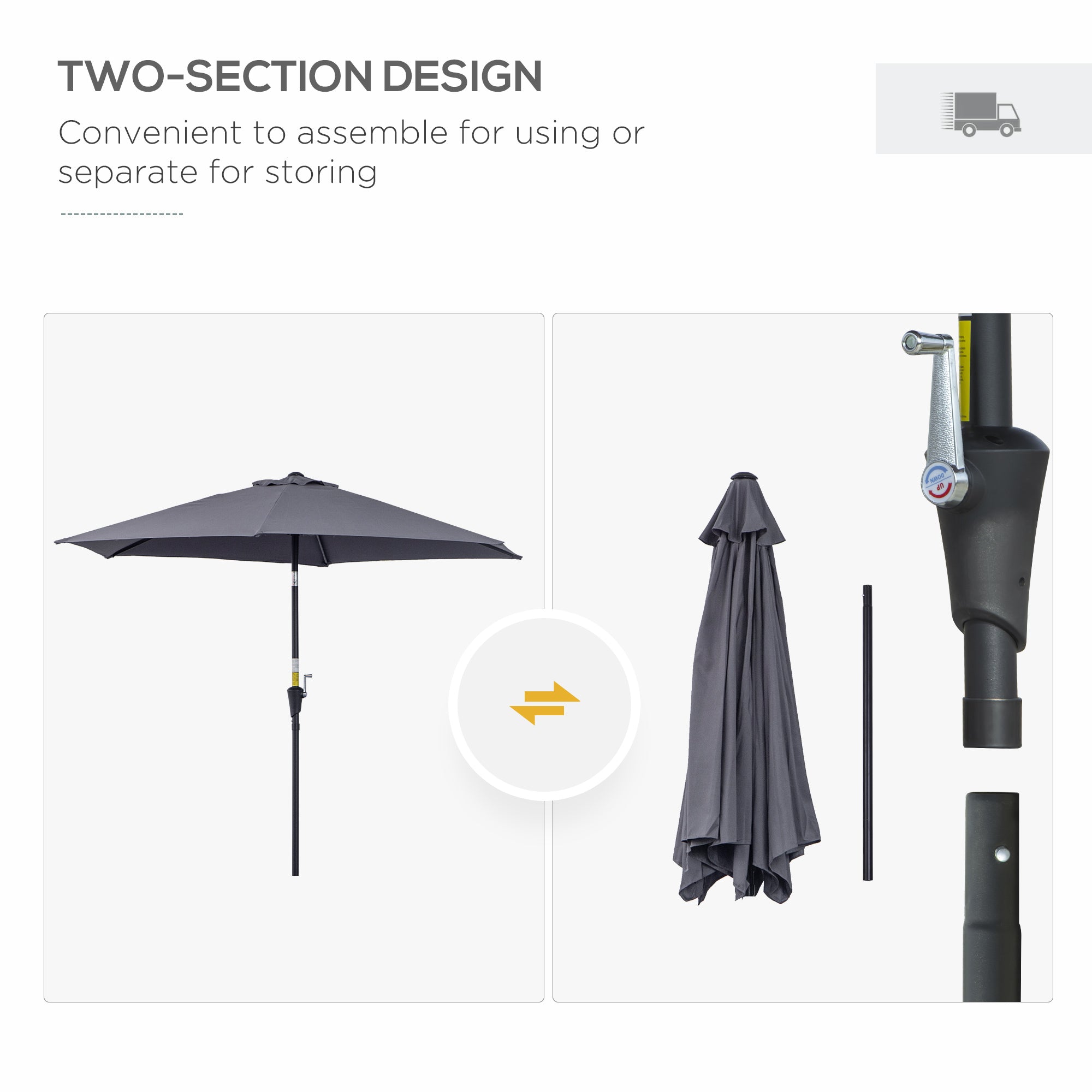 Outsunny 2.6M Garden Parasol Umbrella with Tilt and Crank, Outdoor Sun Parasol Sunshade Shelter with Aluminium Frame, Grey