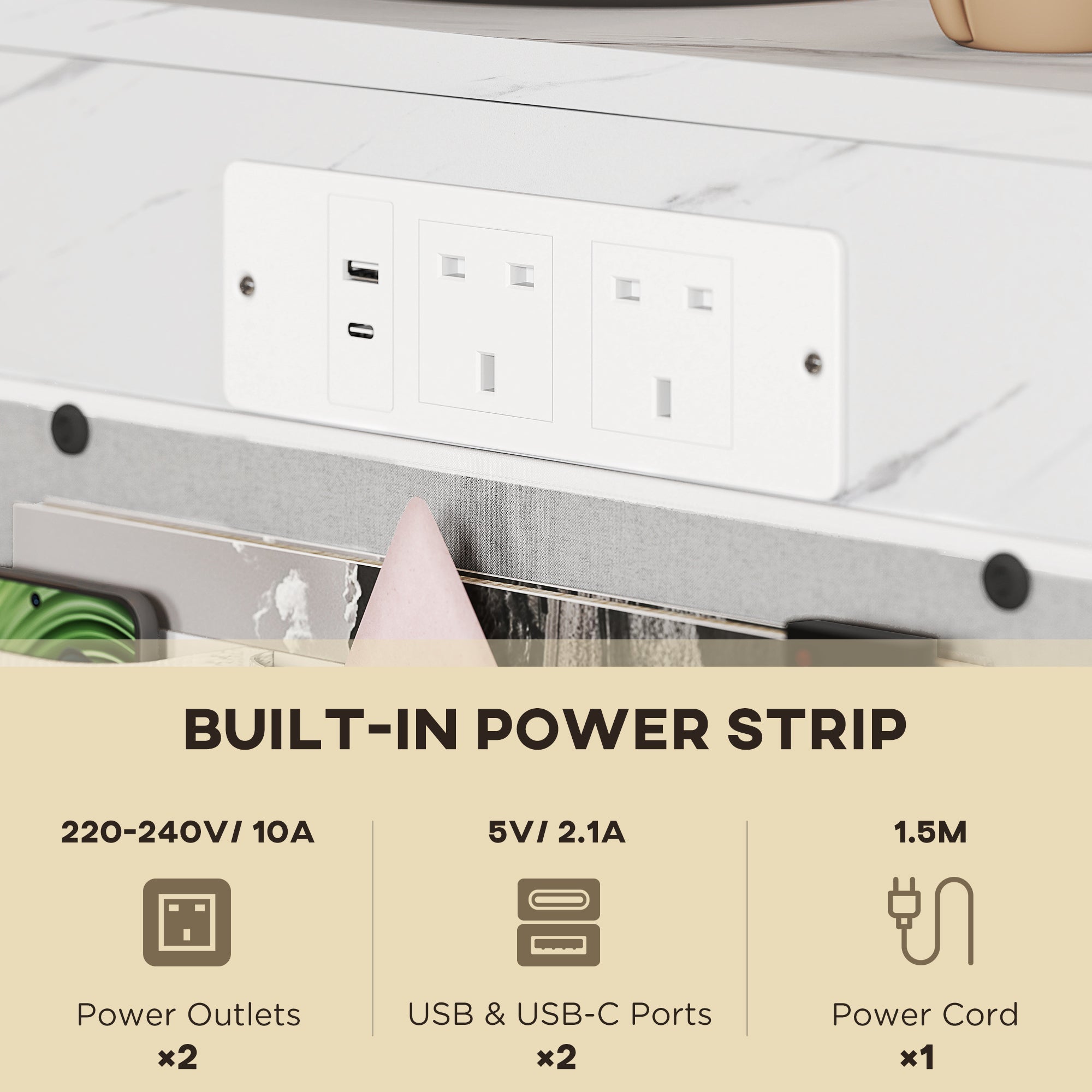 HOMCOM C-Shaped Bedside Table with Charging Station, Marble Grain Side Table with Power Outlets & USB Ports, Storage Bags, for Bedroom, Living Room, White