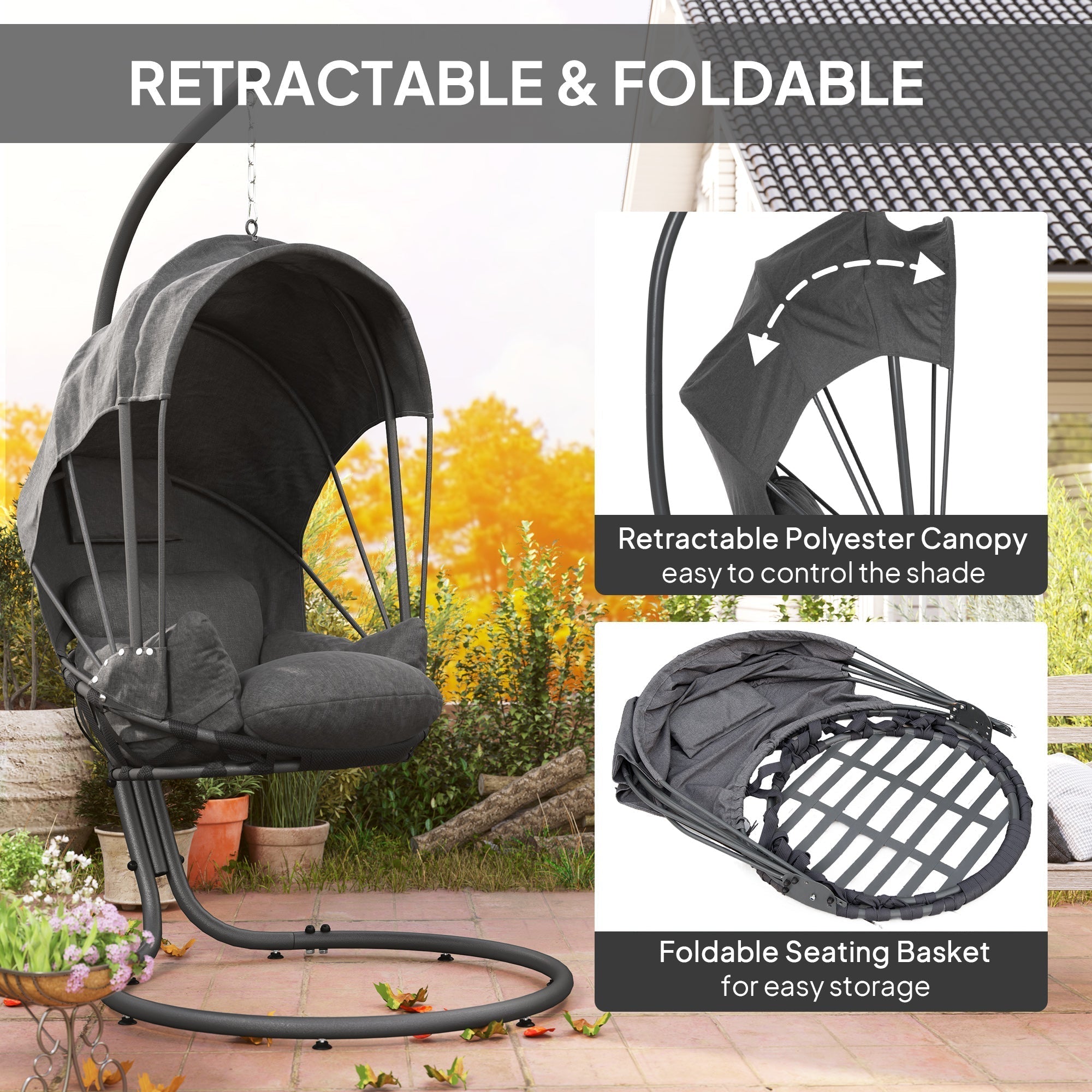 Outsunny Hanging Egg Chair Swing Hammock Chair with Stand, Cushion and Retractable Canopy, for Indoor and Outdoor, Grey