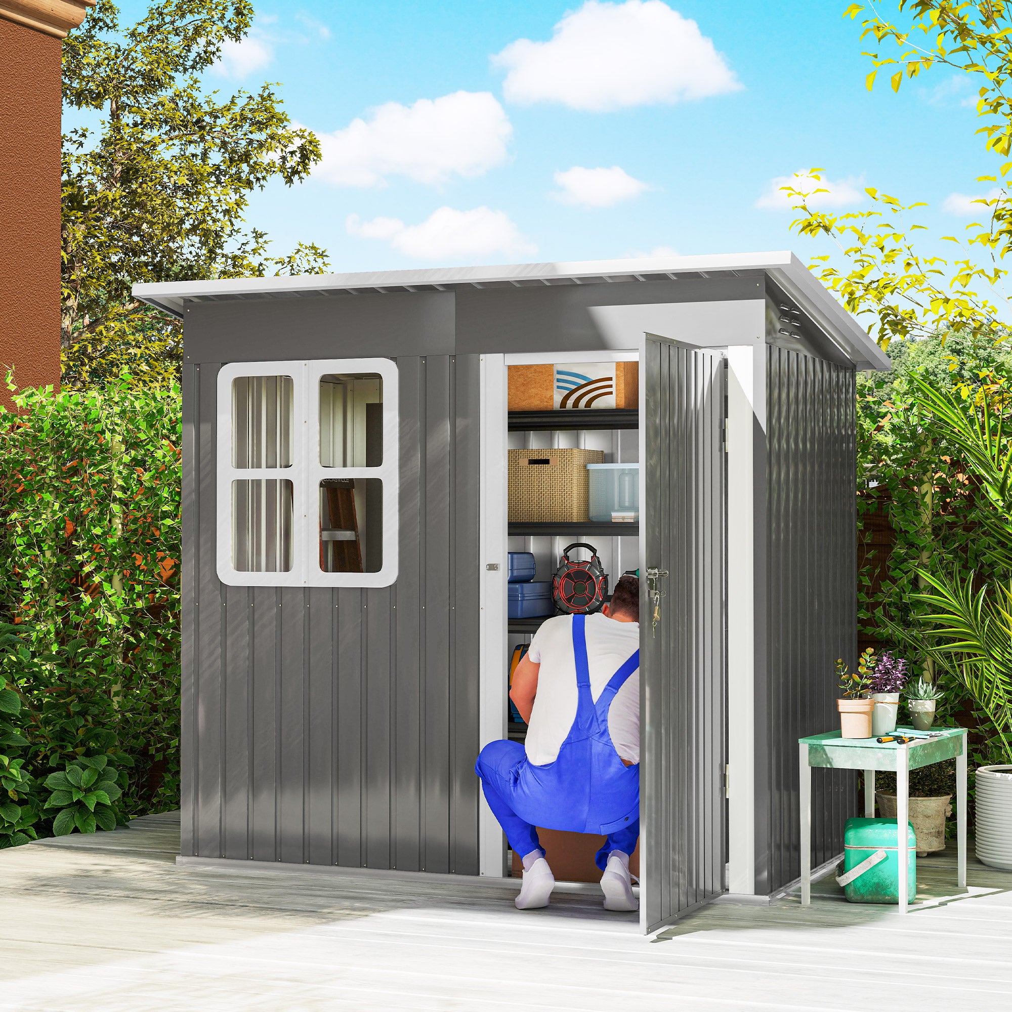 Outsunny 7 x 4ft Galvanised Steel Garden Shed, with Lock and Gloves - Grey