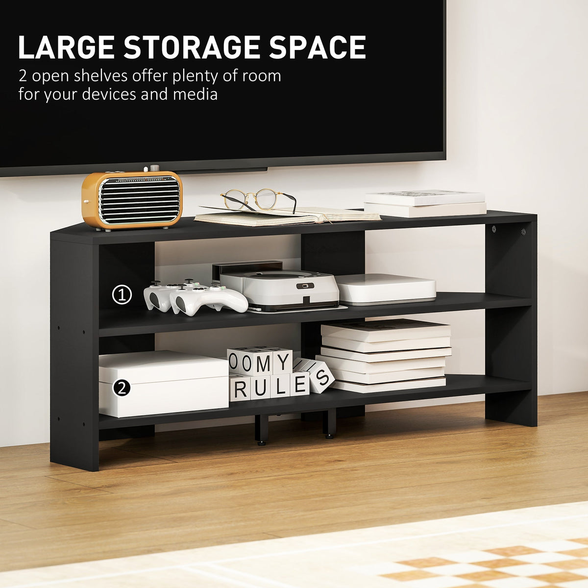 HOMCOM Corner TV Stand with 2 Open Shelves for 47 Inch TV - Black