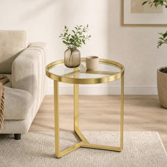 HOMCOM Round Side Table with Tempered Glass Top and Geometric Metal Frame for Small Space, Gold Tone