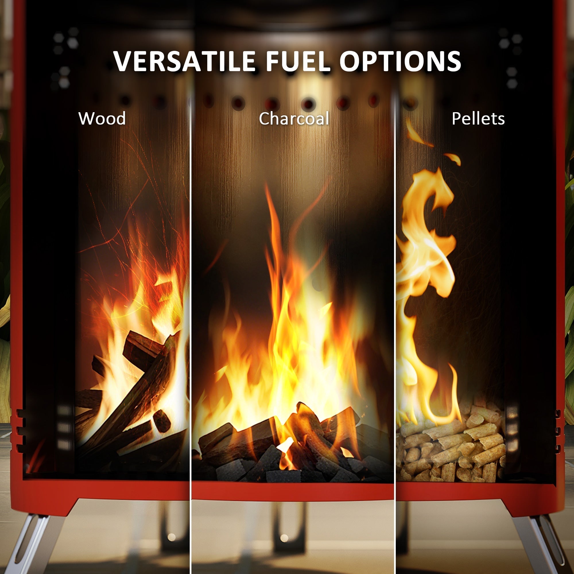 Outsunny Smokeless Fire Pit, 16 x 16 cm Stainless Steel Portable Wood Burning Firepit with Poker, Wood or Pellet Fuelled Tabletop Fire Pit for Garden Camping Bonfire Party, Red