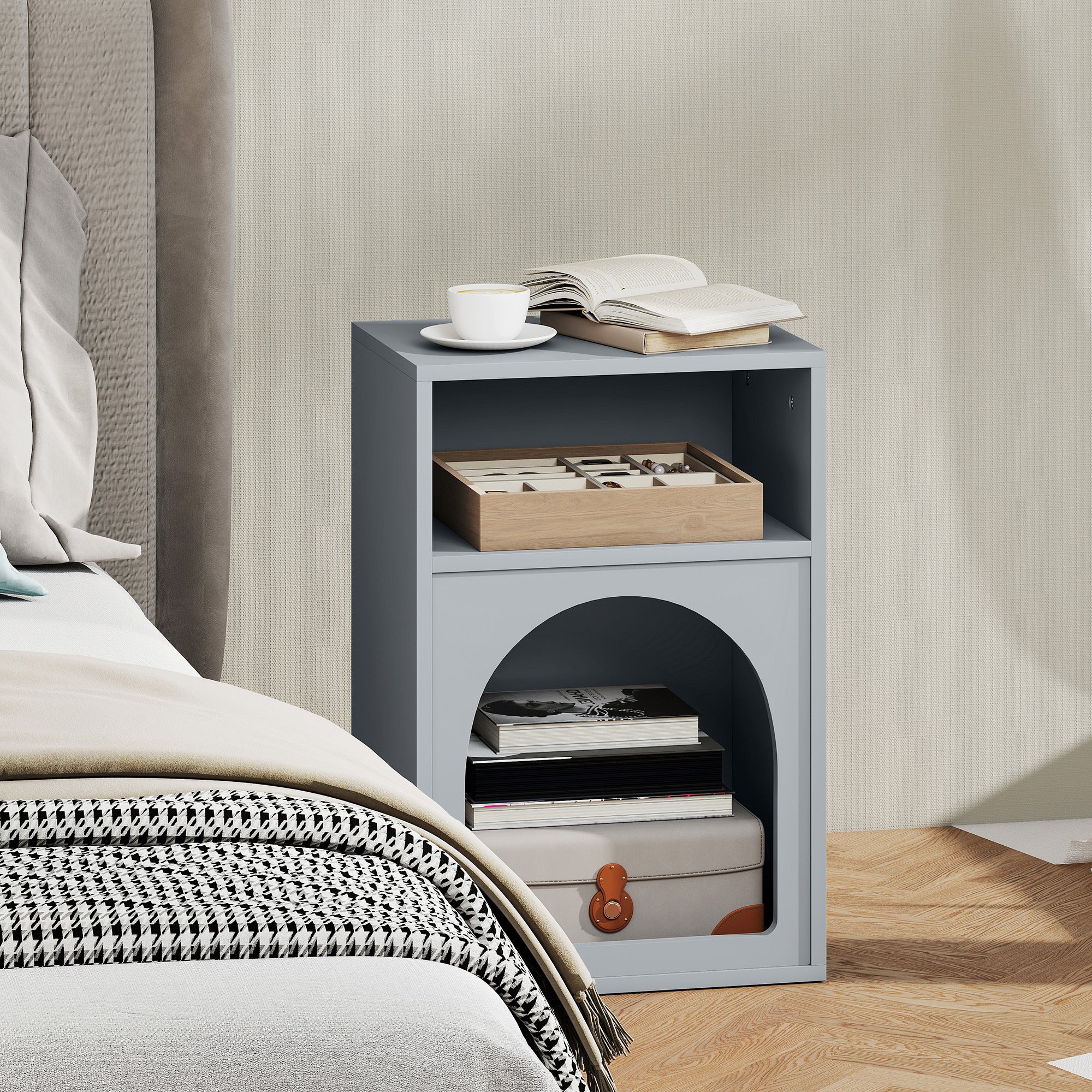 HOMCOM Bedside Table with 2 Open Compartments - Grey
