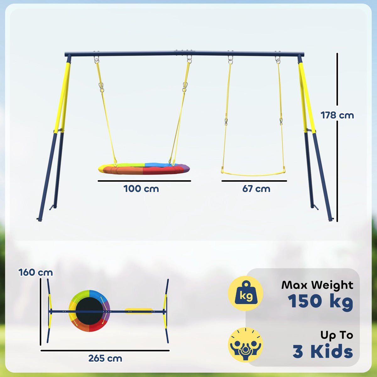 AIYAPLAY Kids Swing Set with Double Swings, Outdoor Playset with Adjustable Ropes, Metal Frame for Ages 3-8, 150kg Capacity