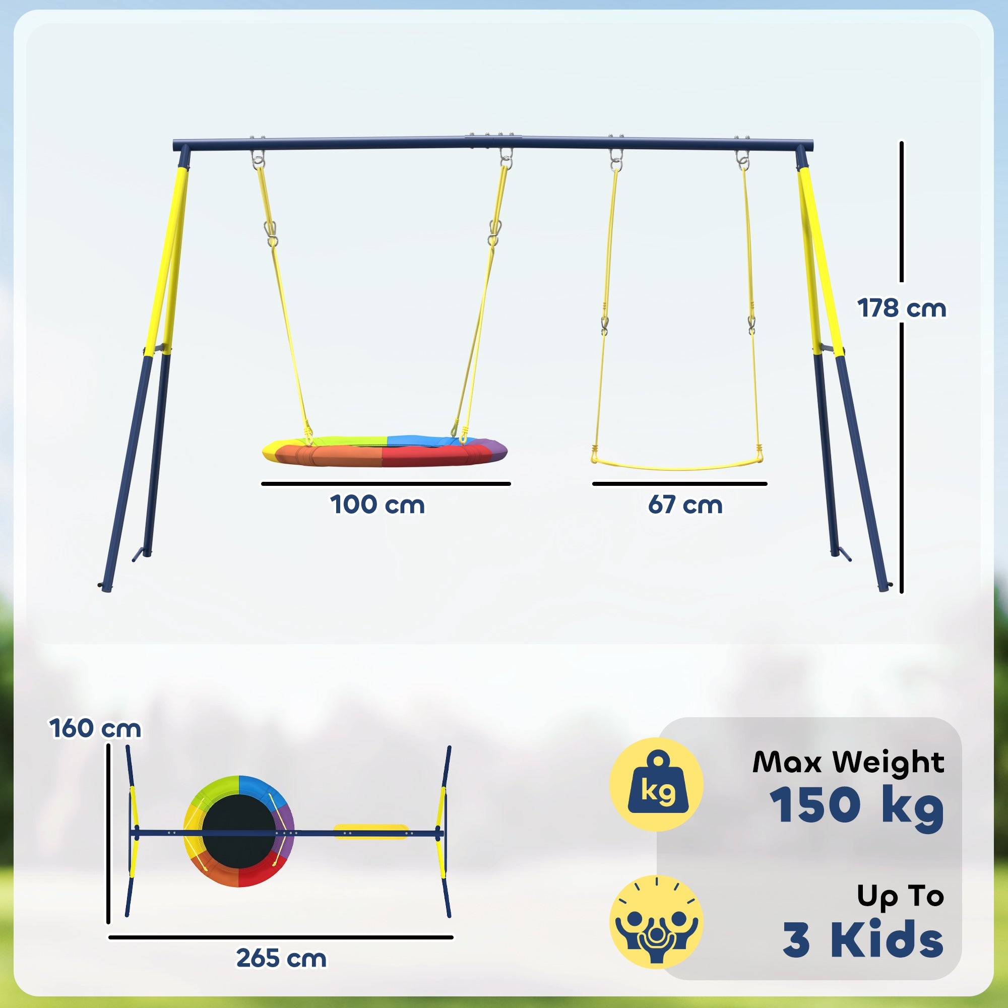 AIYAPLAY Kids Swing Set with Double Swings, Outdoor Playset with Adjustable Ropes, Metal Frame for Ages 3-8, 150kg Capacity
