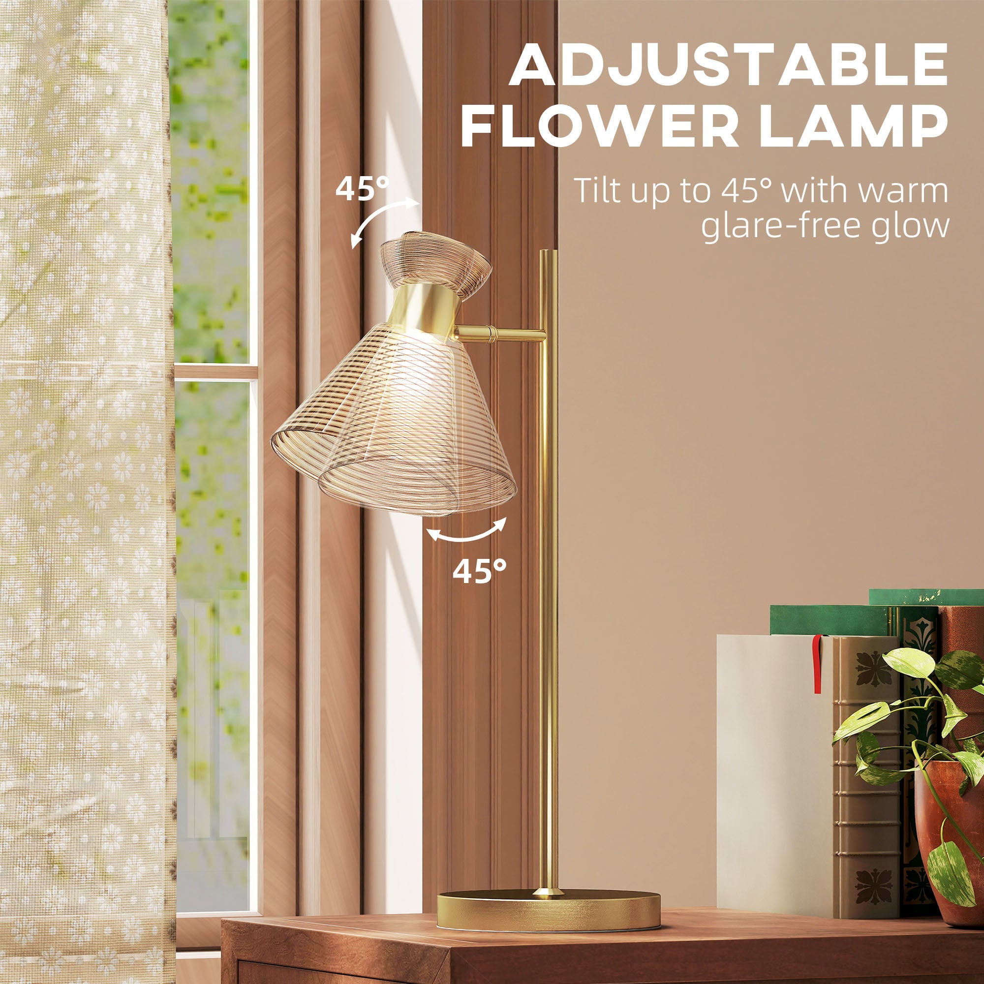 HOMCOM Modern Table Lamp, Bedside Lamp with Adjustable Flower-Shaped Head and E27 Socket for Living Room Bedroom Study, Bulb Not Included, Gold Tone