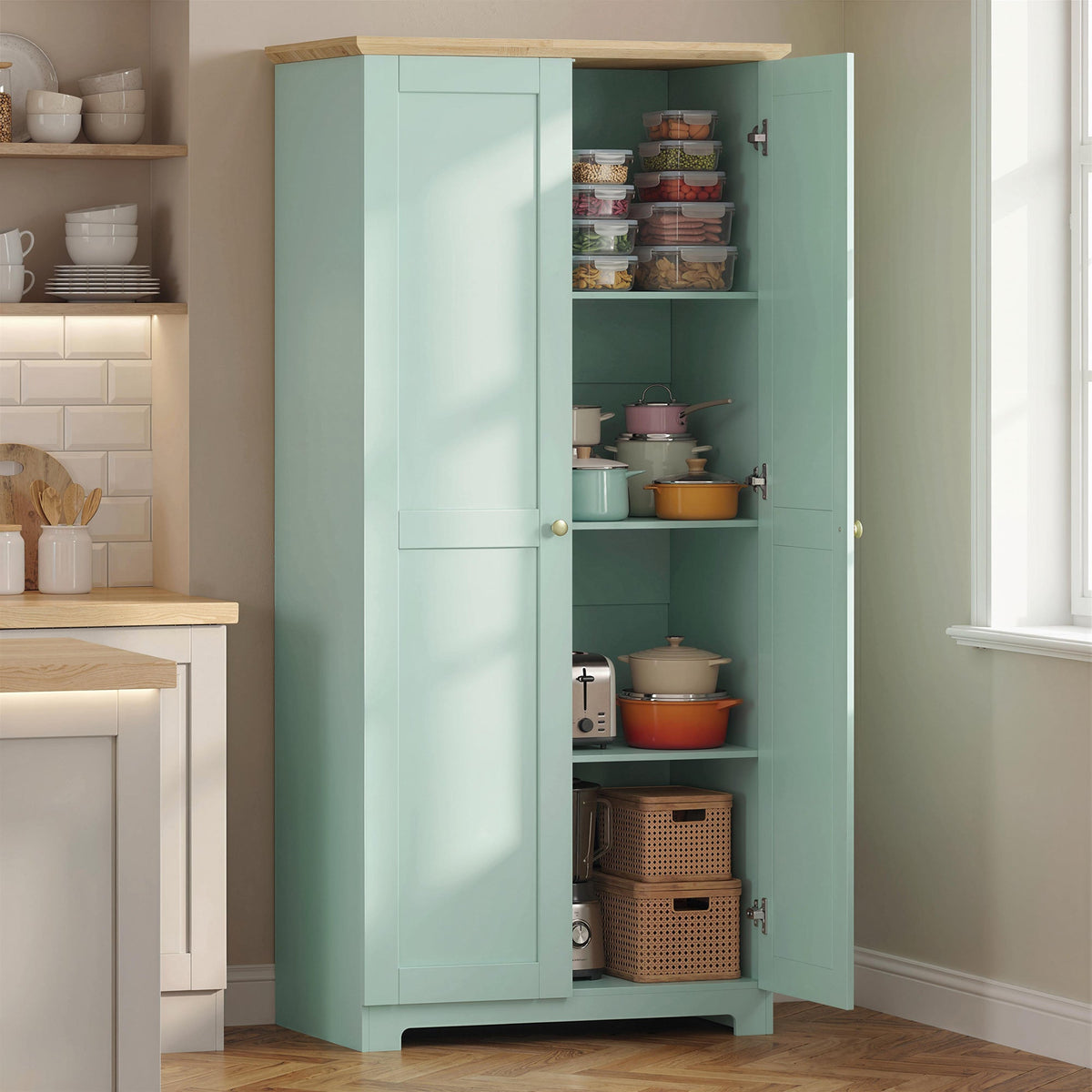 HOMCOM Kitchen Cupboard, 172cm Freestanding Storage Cabinet with Doors and Shelves, Light Green