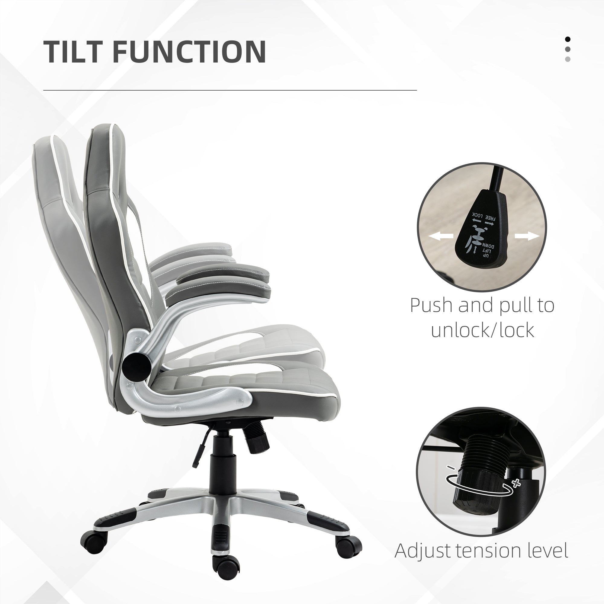 Vinsetto Computer Gaming Chair, Office Desk Swivel Chair, PU Leather Racing Chair with 90  Flip-up Armrest, Adjustable Height and Rolling Wheels, Grey