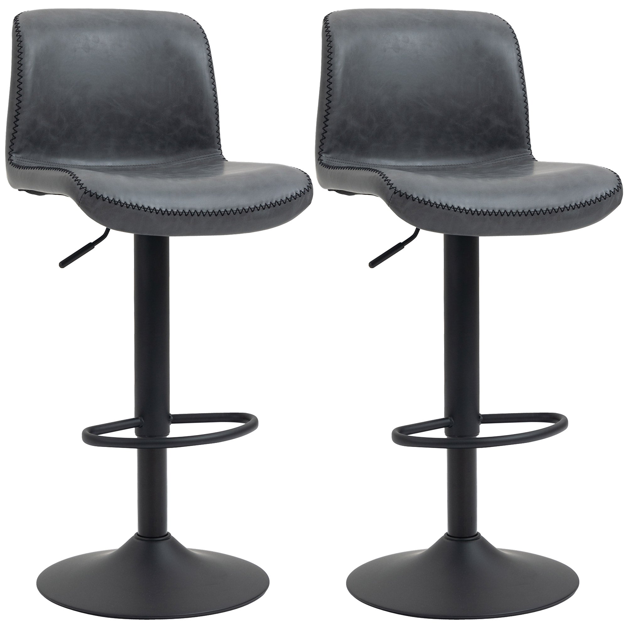 HOMCOM Bar Stools Set of 2, PU Leather Barstools with Backrest and Footrest for Kitchen, Counter, Breakfast Bar, Dark Grey