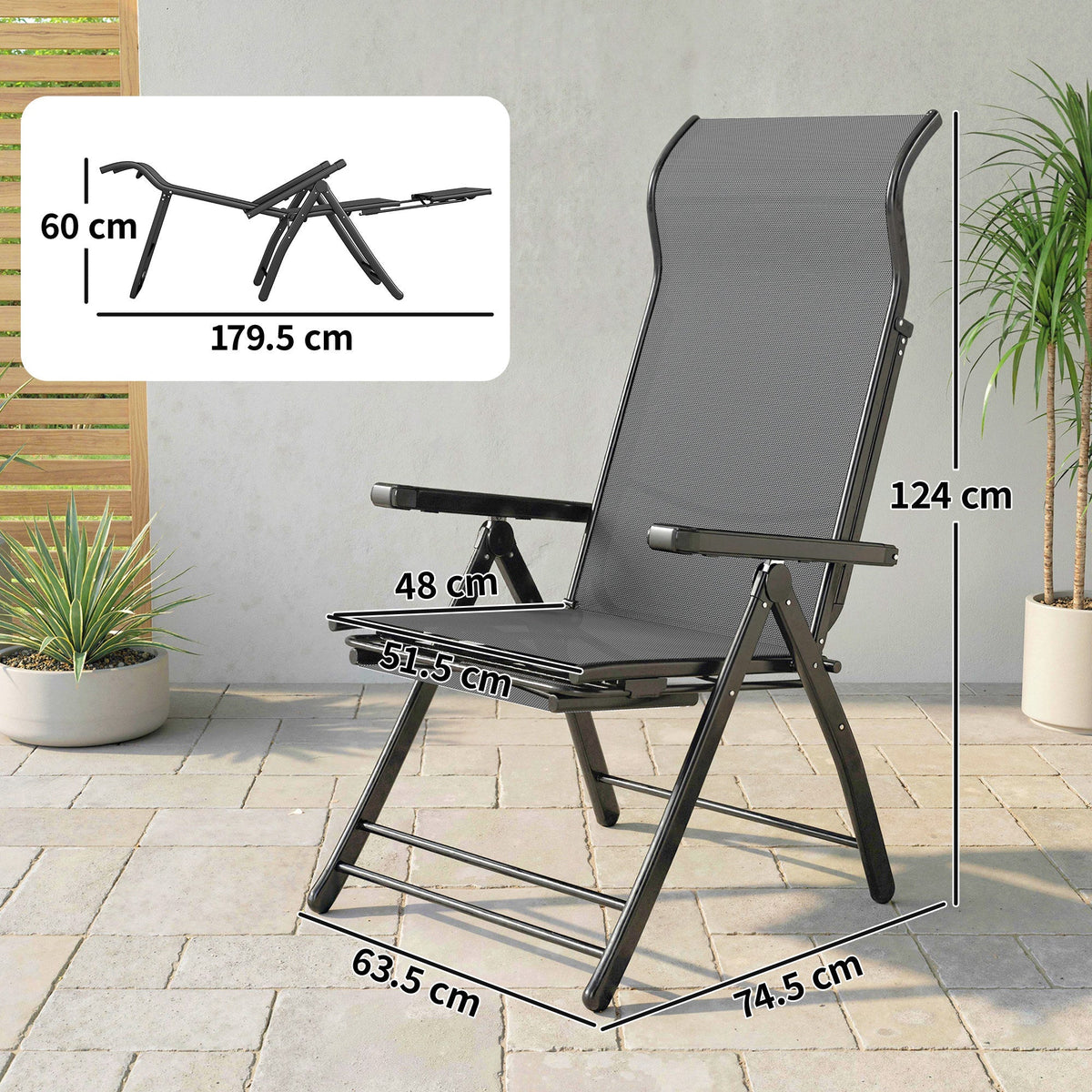 Outsunny Reclining Garden Chairs Set of 2, 5-Position Folding Sun Loungers with High Back, Retractable Footrest, Dark Grey