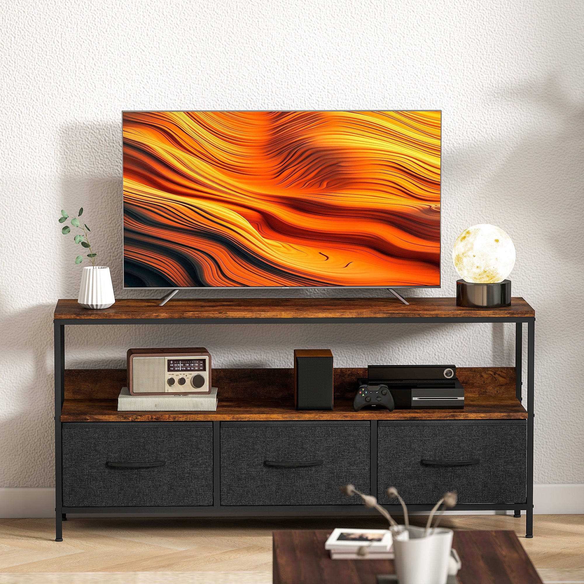 HOMCOM TV Stand Cabinet with 3 Foldable Drawers - Rustic Brown