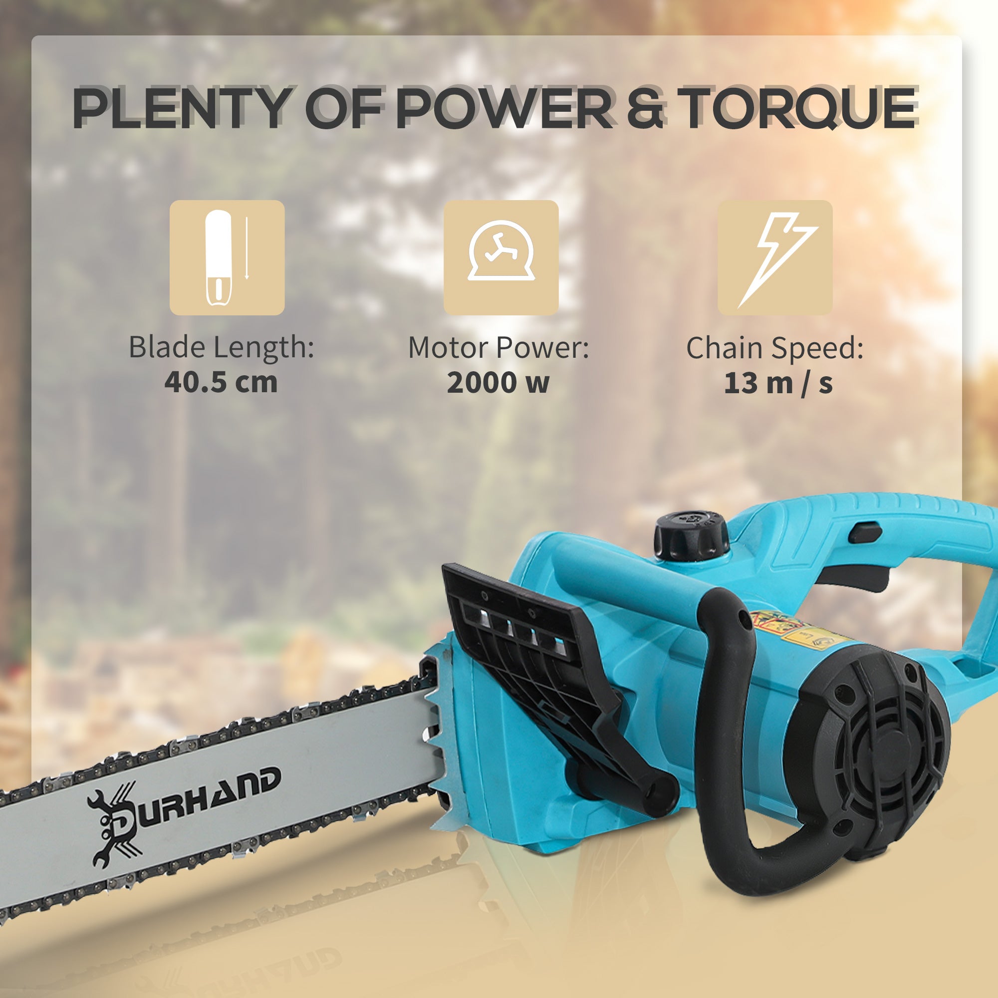 DURHAND Aluminium Chainsaw with Double Brake Protection and Bar Cover, 2000 W, 40 cm, for Wood, Trees and Branches, Blue