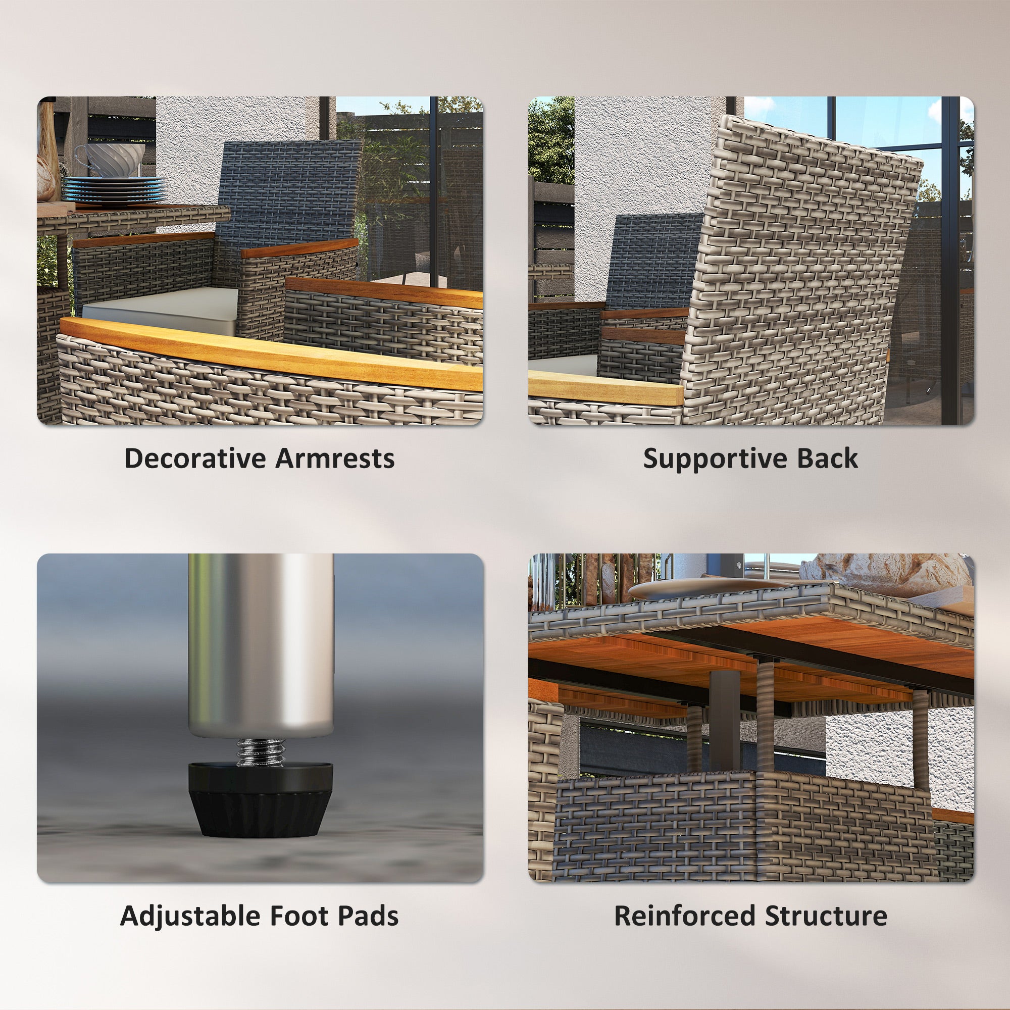 Outsunny Five-Piece Rattan Set, with Wood-Top Table - Teak
