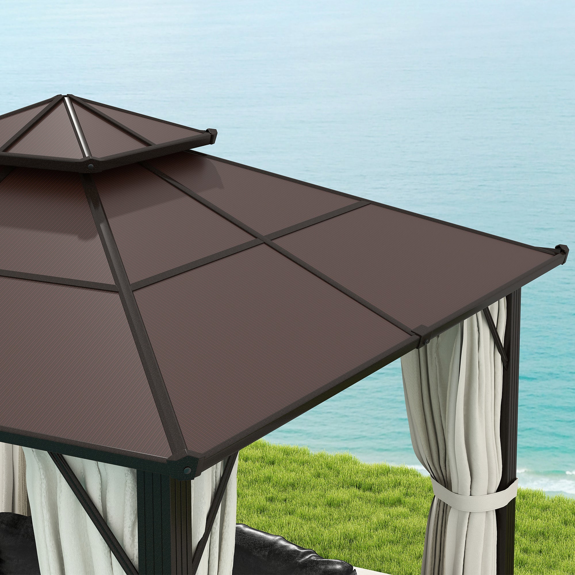 Outsunny 3 x 3(m) Hardtop Gazebo Canopy with UPF30+ Double Polycarbonate Roof, Aluminium Frame Garden Gazebo Permanent Pavilion with Mosquito Netting and Curtains for Patio, Deck, Beige