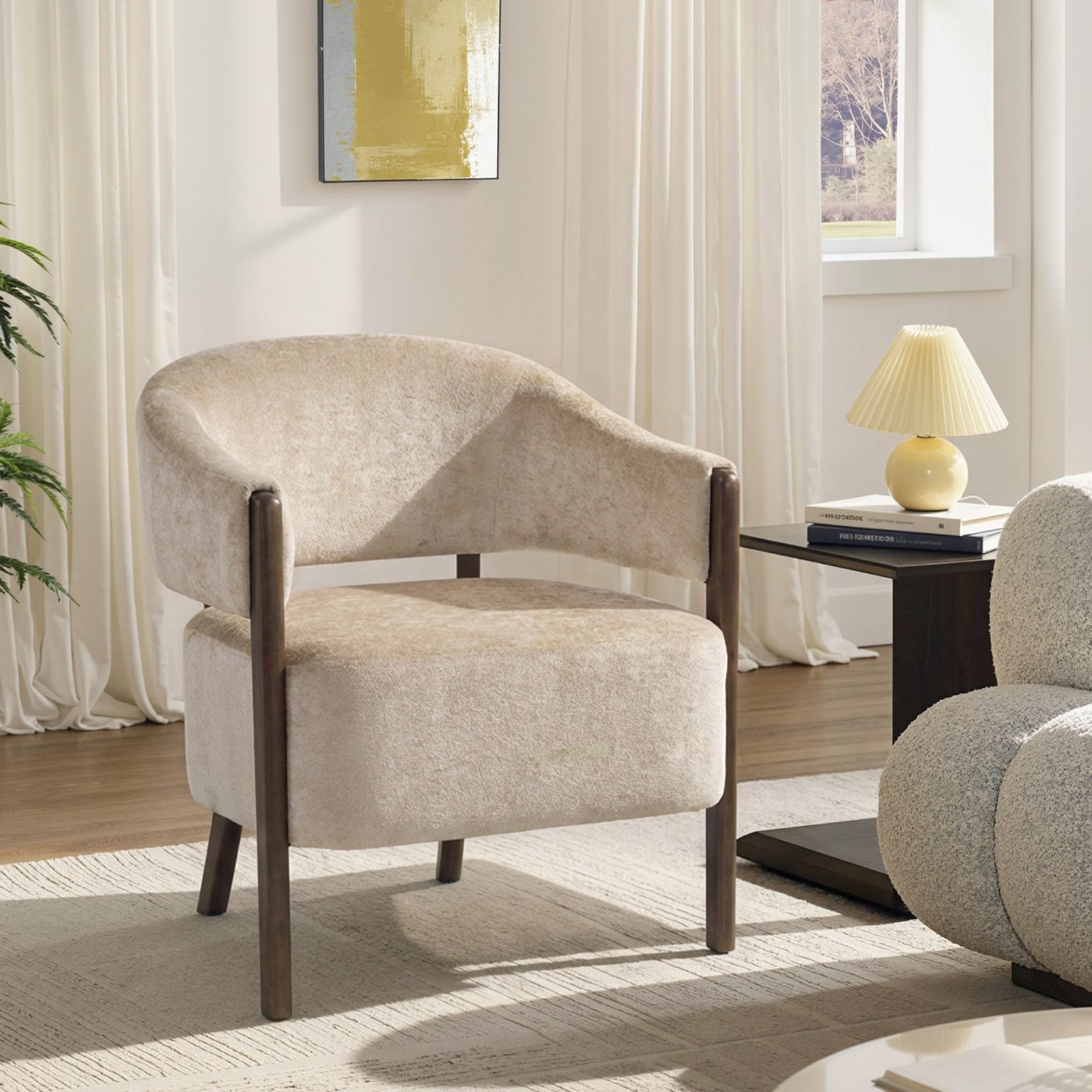 HOMCOM Accent Chair, Chenille Upholstered Tub Chair with Wide Seat, Solid Wood Frame and Legs, Comfy Armchair, Beige