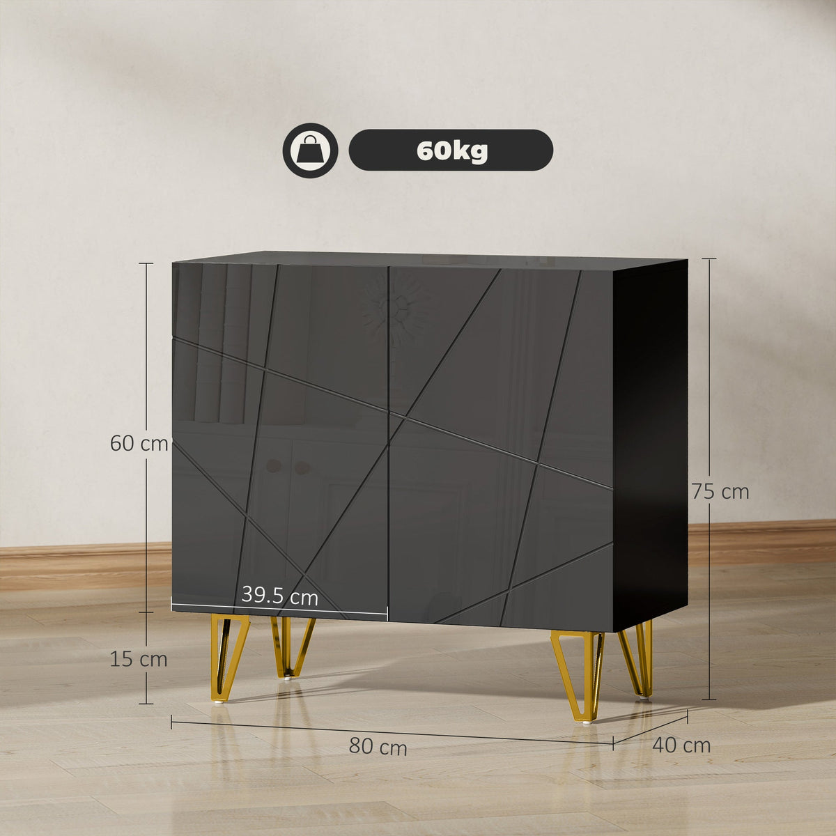 HOMCOM Modern Luxe High Gloss Sideboard, with Hairpin Legs - Black