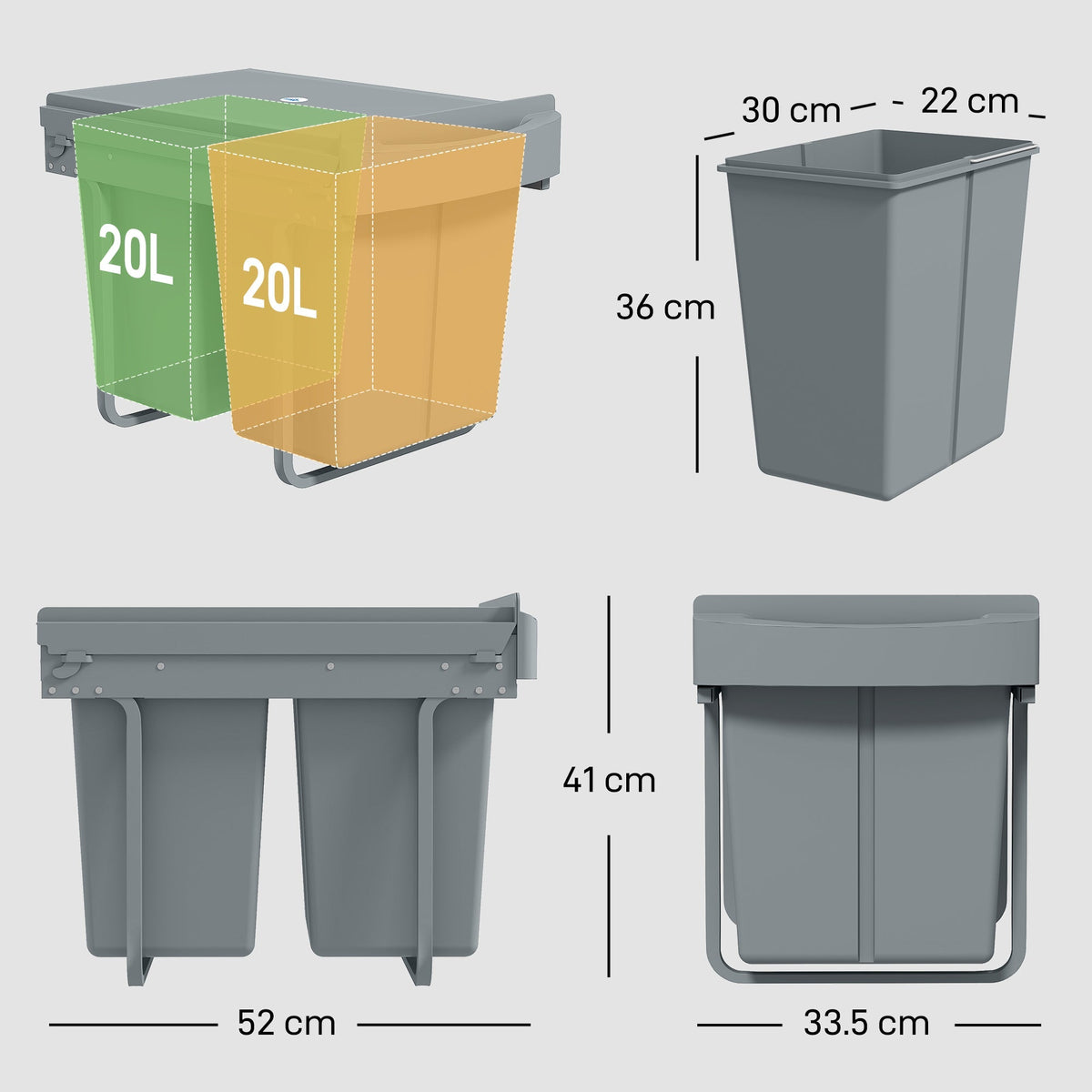 HOMCOM Pull Out Bin, Kitchen Under Sink Bin with 2 Removable Compartments, Smooth Glide, Grey