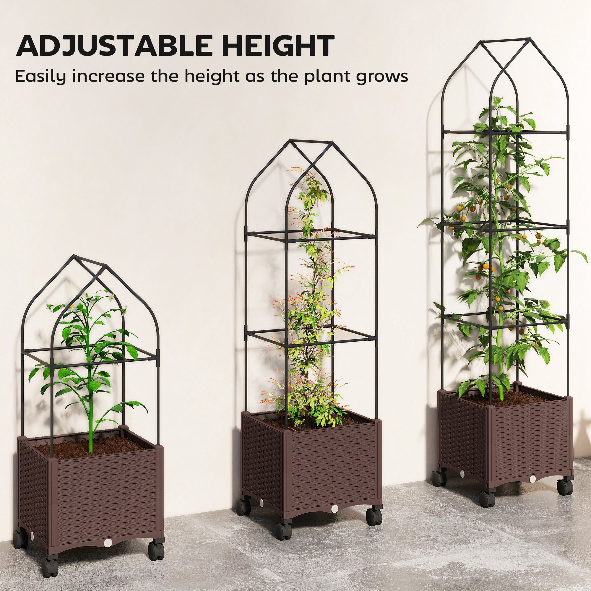 Outsunny Raised Garden Bed with Trellis, Tomato Cage with Lockable Wheels, Self Watering Planter Box with Drainage Holes, Brown