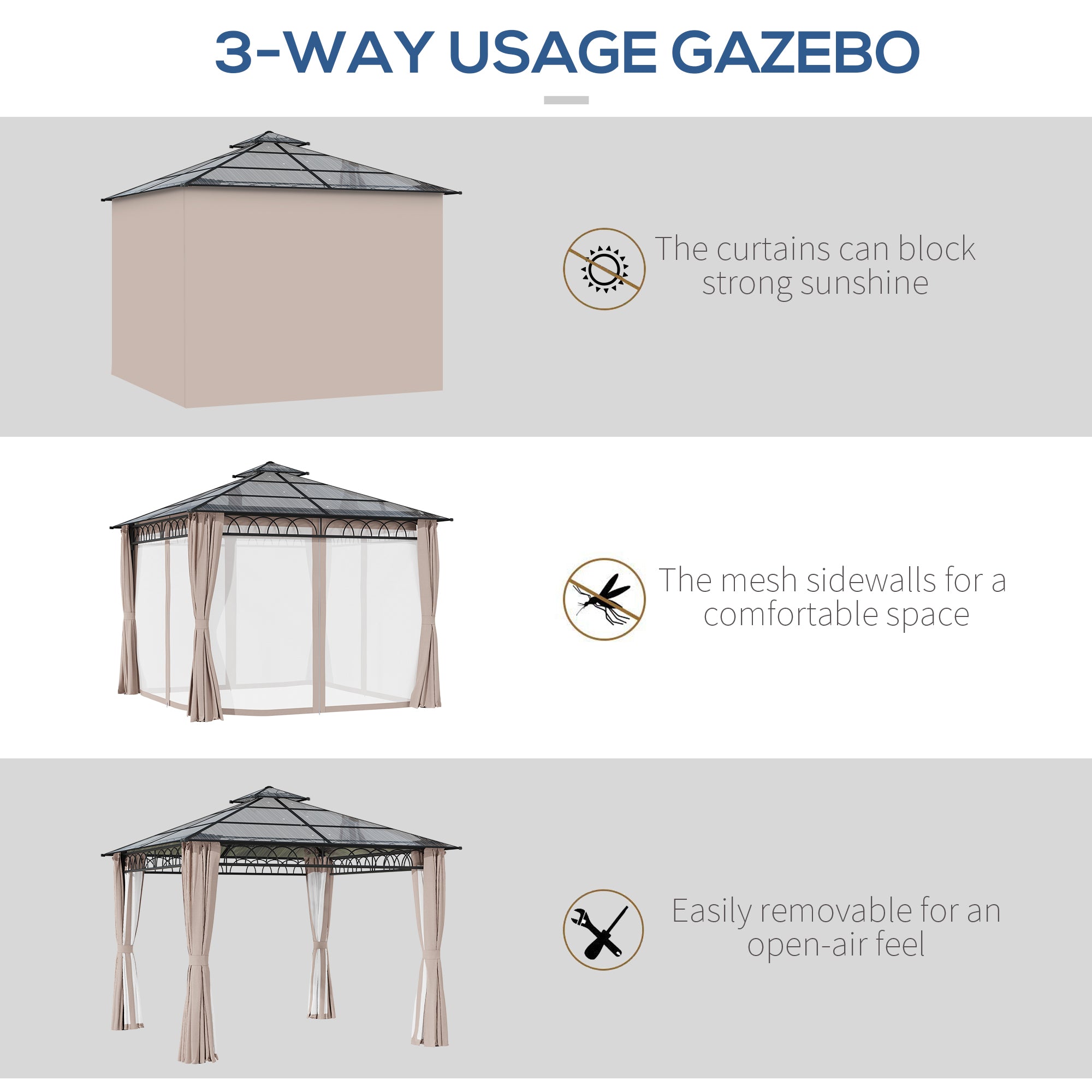 Outsunny 3 x 3 (m) Outdoor Polycarbonate Gazebo, Double√Ç Roof Hard Top Gazebo with√Ç Galvanised Steel Frame, Nettings√Ç &√Ç Curtains for Garden, Lawn, Patio and Deck, Khaki