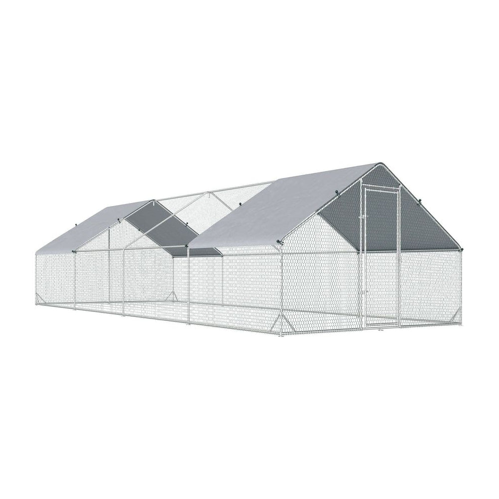 PawHut Chicken Run Galvanised Walk-in Chicken Coop Hen Poultry House Cage Rabbit Hutch with Water-Resist Cover, 3 x 8 x 2m