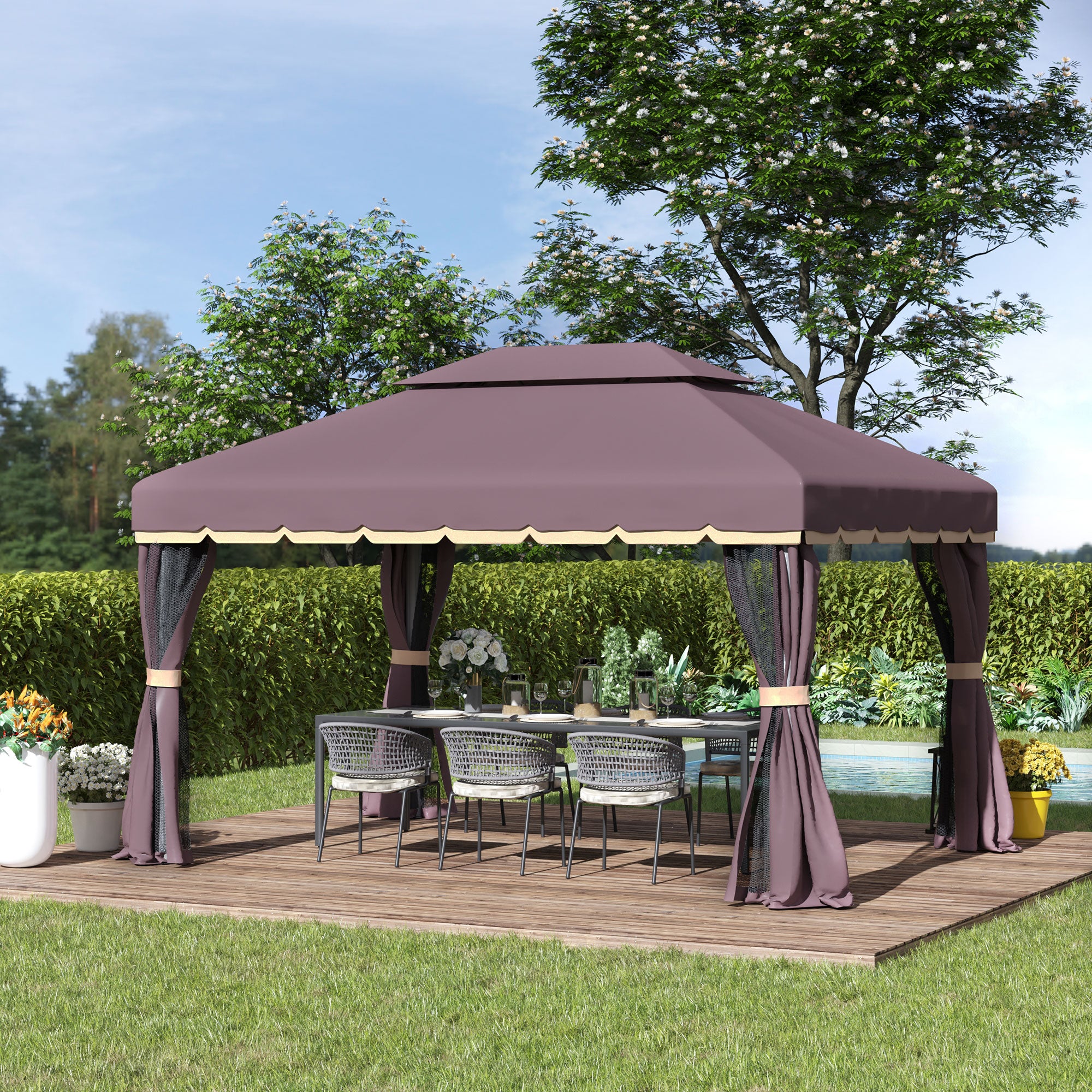 Outsunny 3 x 4m Aluminium Garden√Ç Gazebo, Marquee Canopy Shelter Pavilion Party Tent with Nets and Curtains for Garden and Deck, Coffee