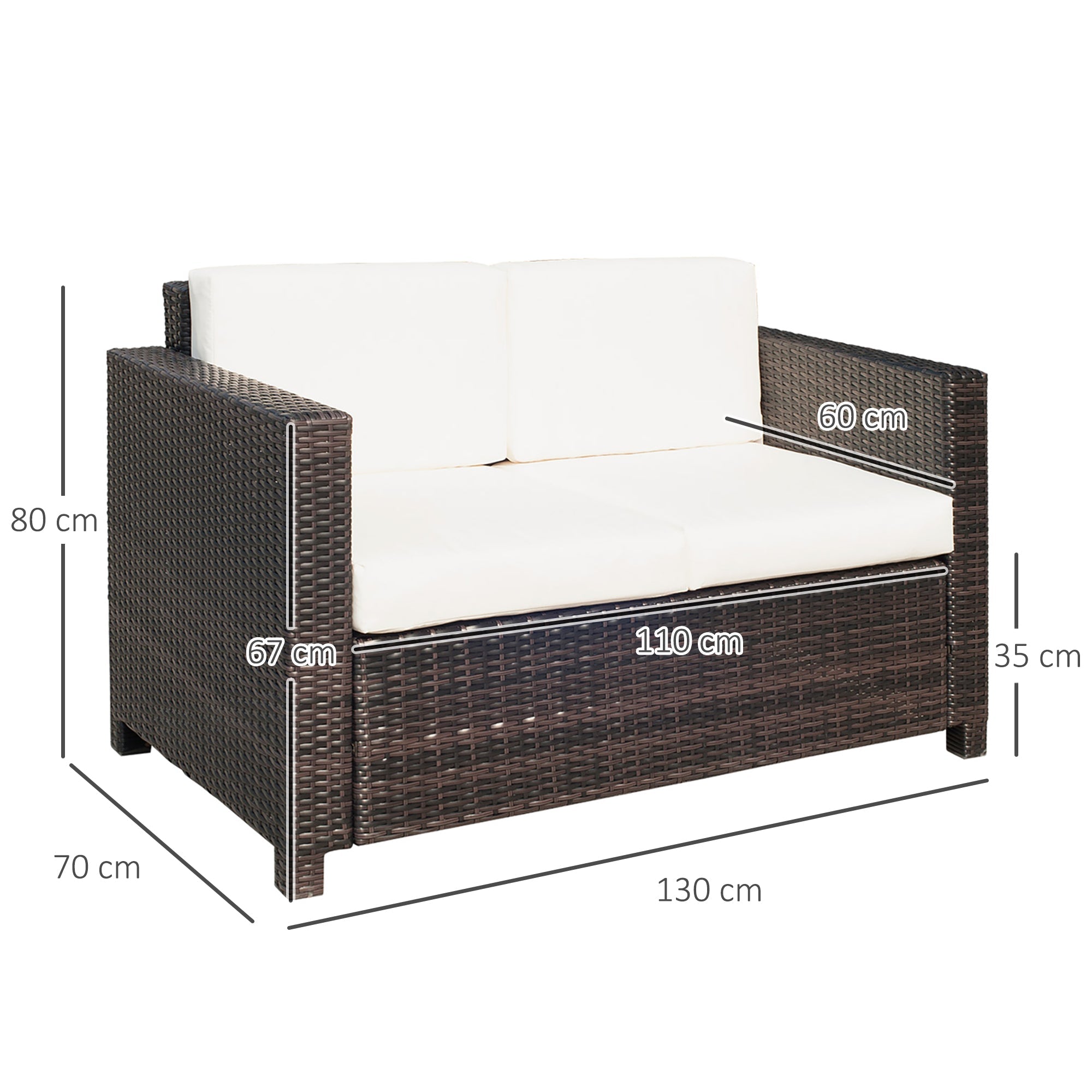 Outsunny Rattan Sofa, 2 Seater Garden Furniture with Soft Padded Cushion and Armrests, Wicker Garden Loveseat for Patio, Mixed Brown