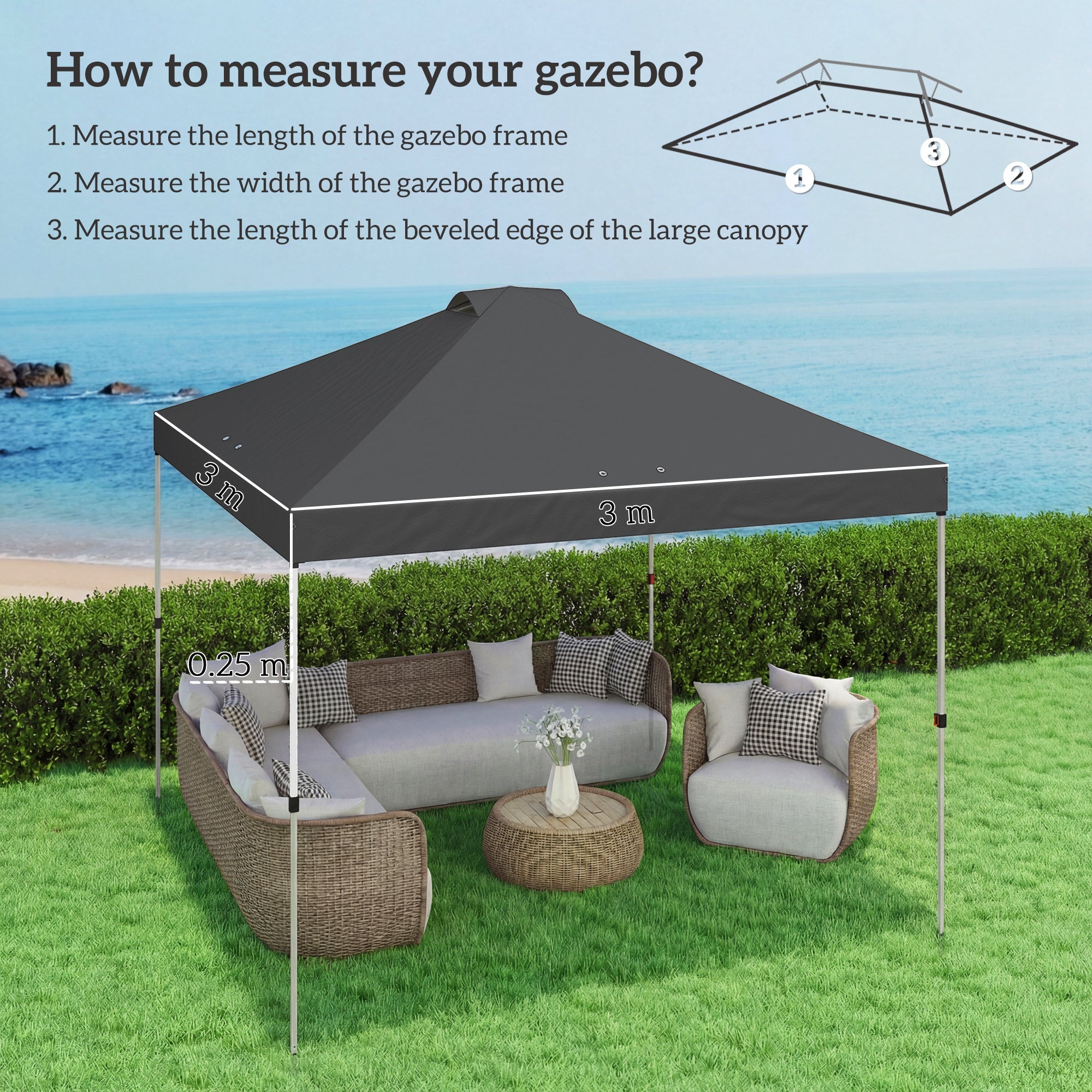 Outsunny Gazebo Roof Replacement UV50+ Waterproof Pop Up Canopy Cover with 8 Drainage Holes 3 x 3 m Dark Grey