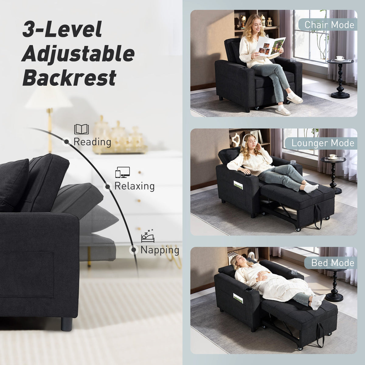 HOMCOM 3-in-1 Single Sofa Bed, Convertible Sleeper Chair Bed - Black