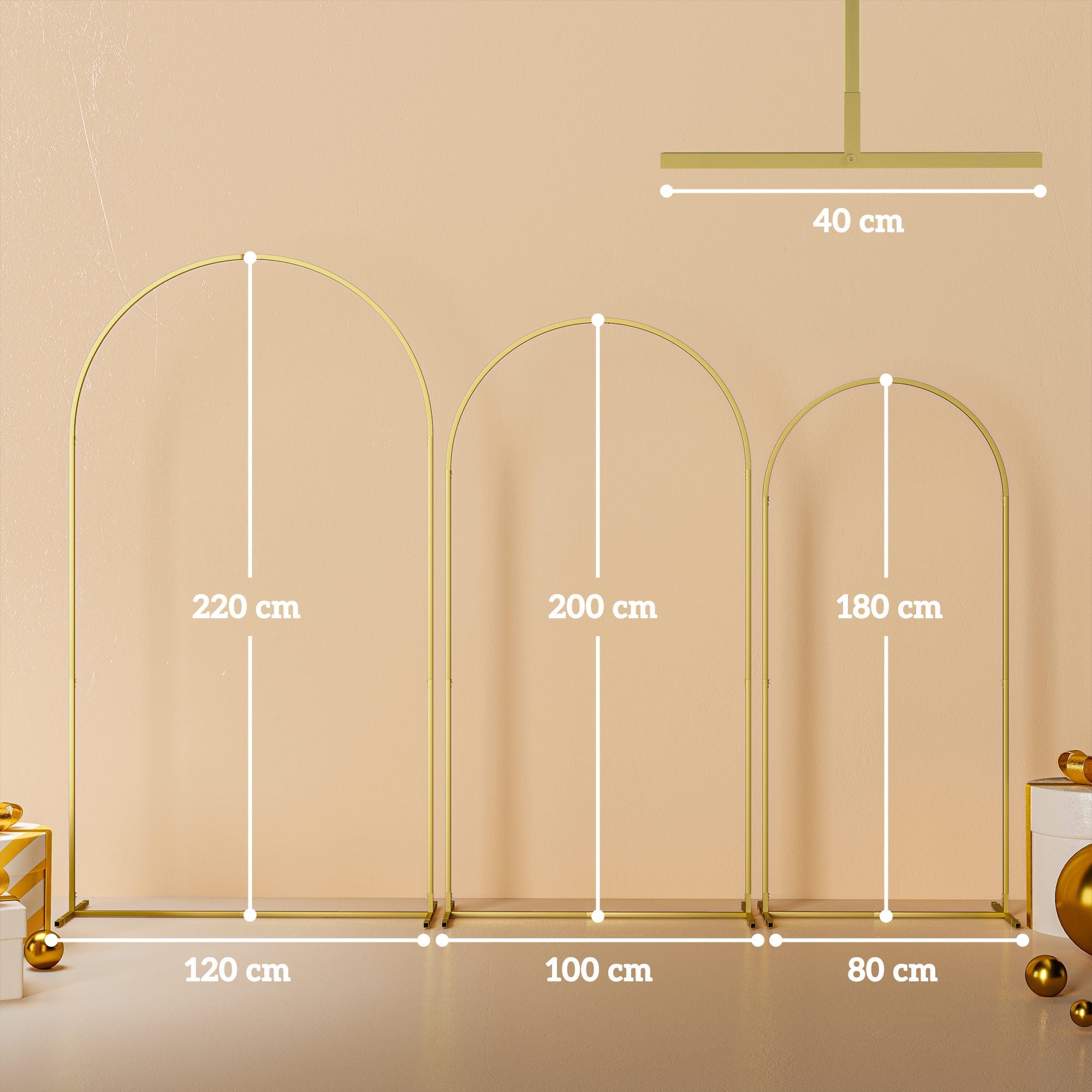 Outsunny Wedding Arch Frame Set, 2.2, 2, 1.8 m Metal Arch Backdrop Stand Set of 3, Balloon Arch Stand Set for Birthday Party, Bridal Shower, Graduation, Ceremony, Banquet Decorations, Gold Tone