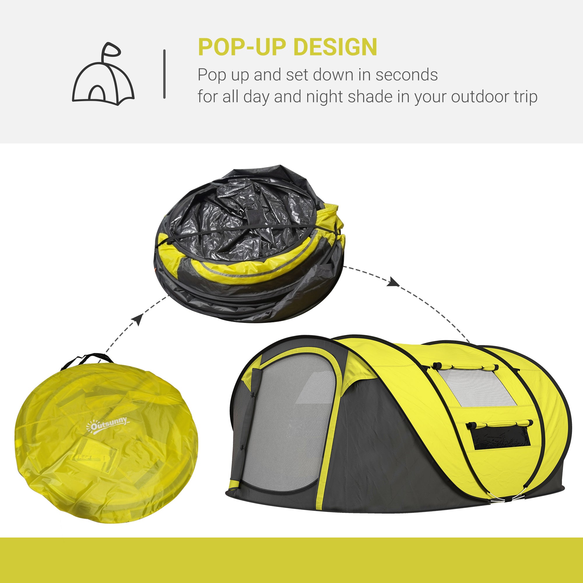 Outsunny 4 Person Pop-up Camping Tent Family Tent with Ground Sheet, 4 Windows and Portable Carry Bag for Beach Outdoor Trip, Yellow