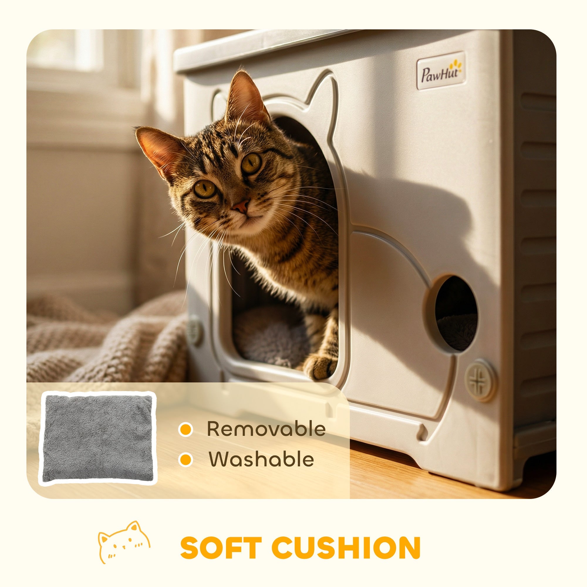 PawHut Cat House Stackable Pet Shelter with Removable Cushion for Indoor Outdoor Use Grey